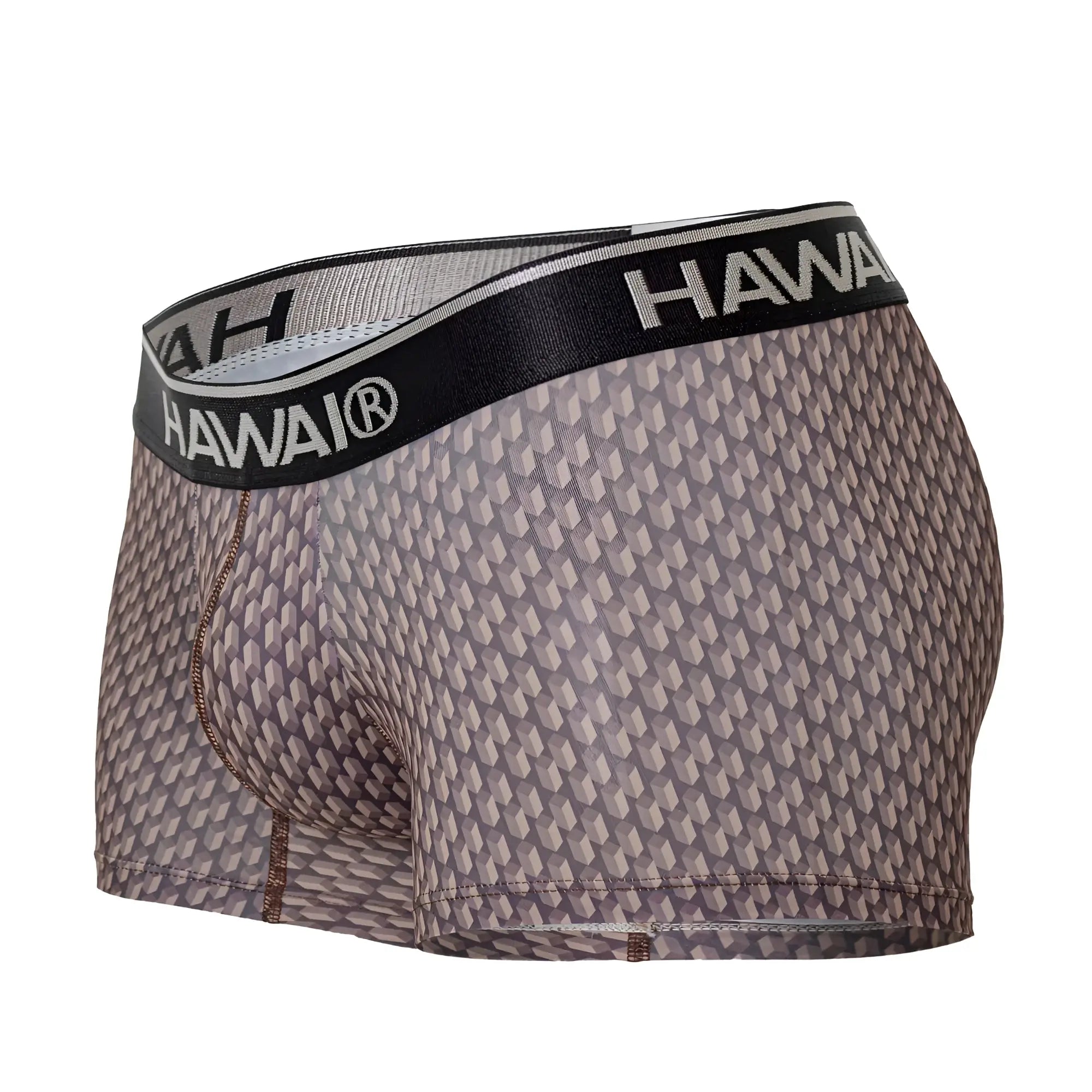 Gray patterned men’s boxer briefs with black hawaii waistband in cocoa color printed trunks model 42420