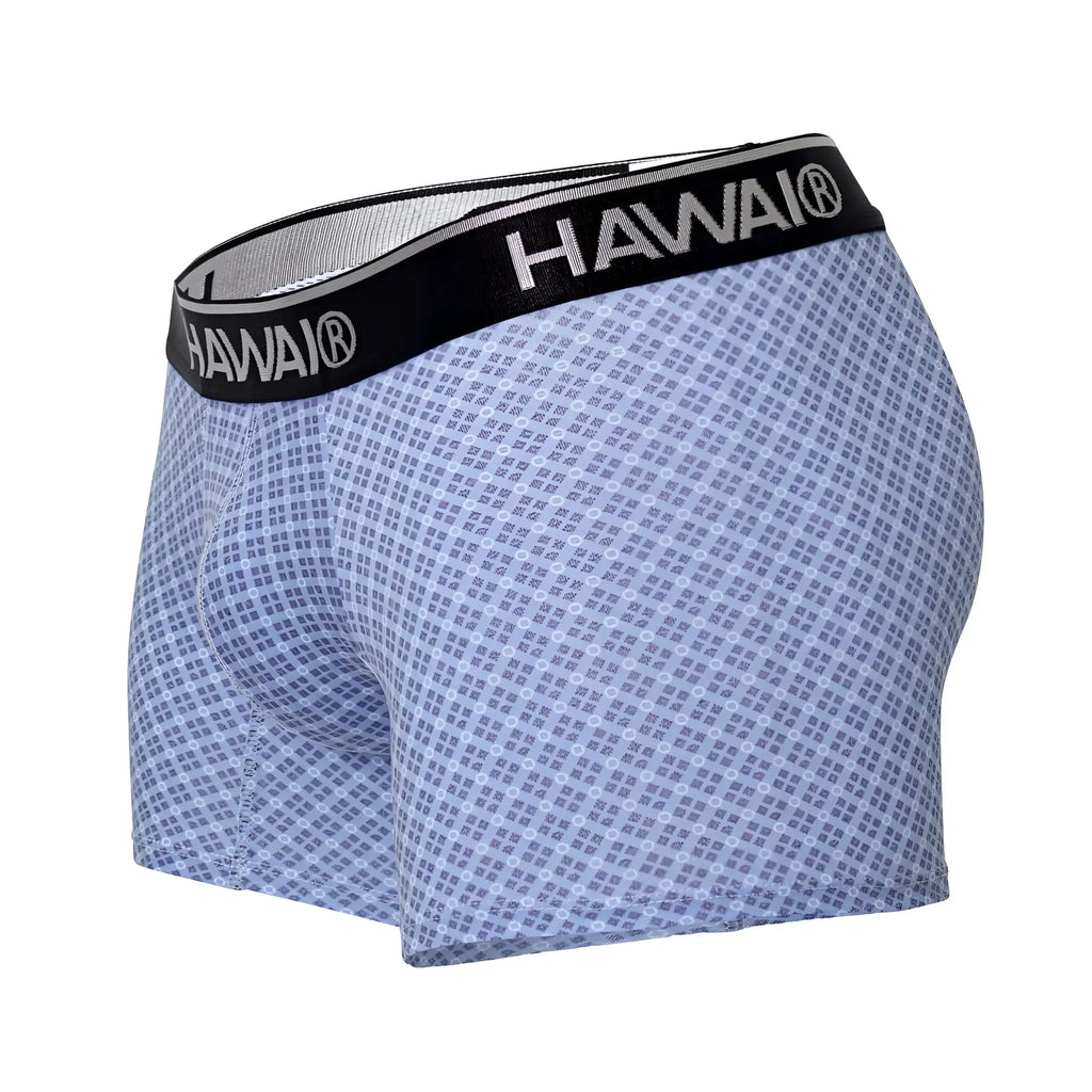 Light blue Hawai 42421 printed trunks with subtle geometric pattern and black waistband featuring Hawai brand name