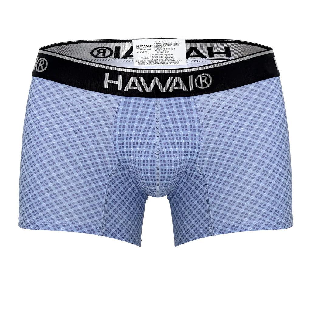 Light blue Hawai 42421 printed boxer briefs with subtle grid pattern and black elastic waistband for comfortable wear