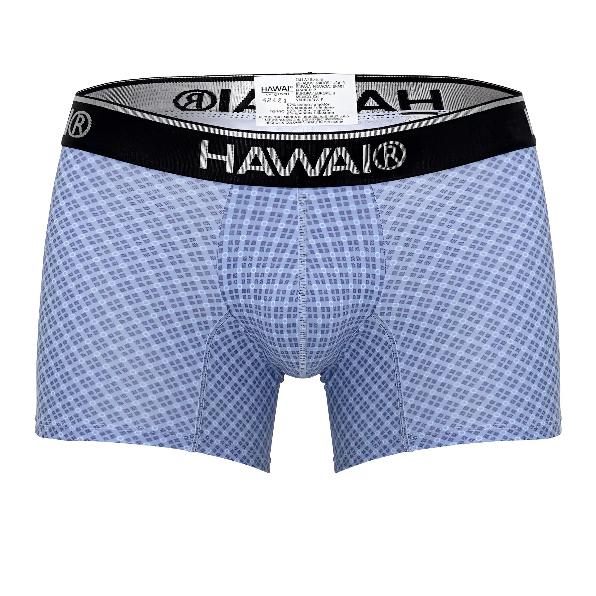Light blue Hawai 42421 printed boxer briefs with subtle grid pattern and black elastic waistband for comfortable wear