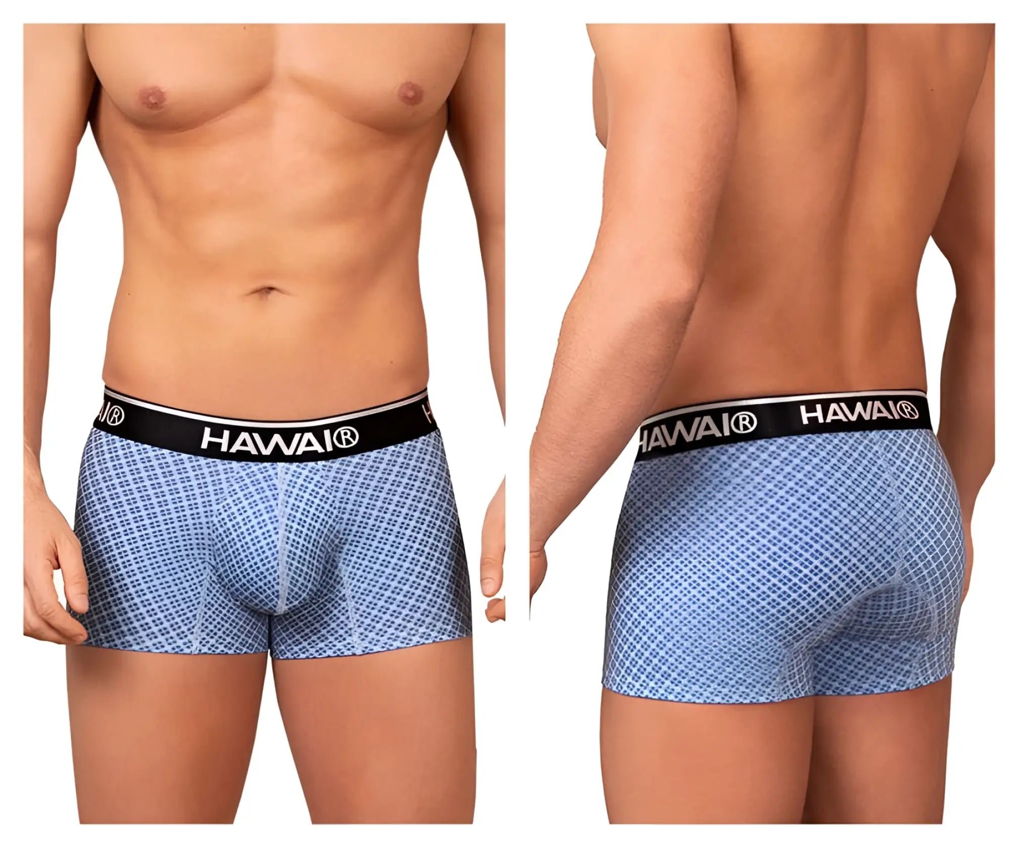 Light blue patterned printed trunks with a black waistband featuring the Hawai brand name in white lettering