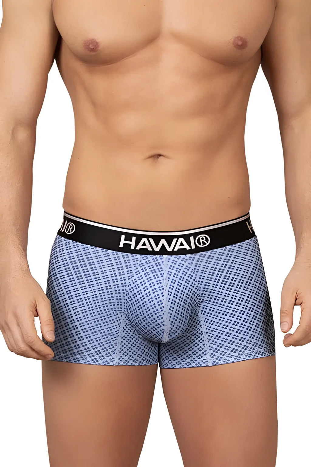 Blue patterned men’s briefs with a black waistband featuring the hawai brand name in white lettering