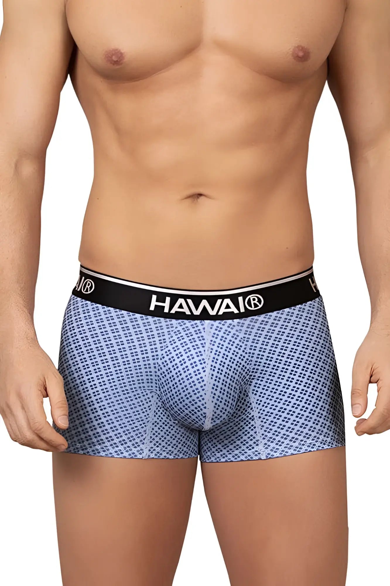 Blue patterned men’s briefs with a black waistband featuring the hawai brand name in white lettering