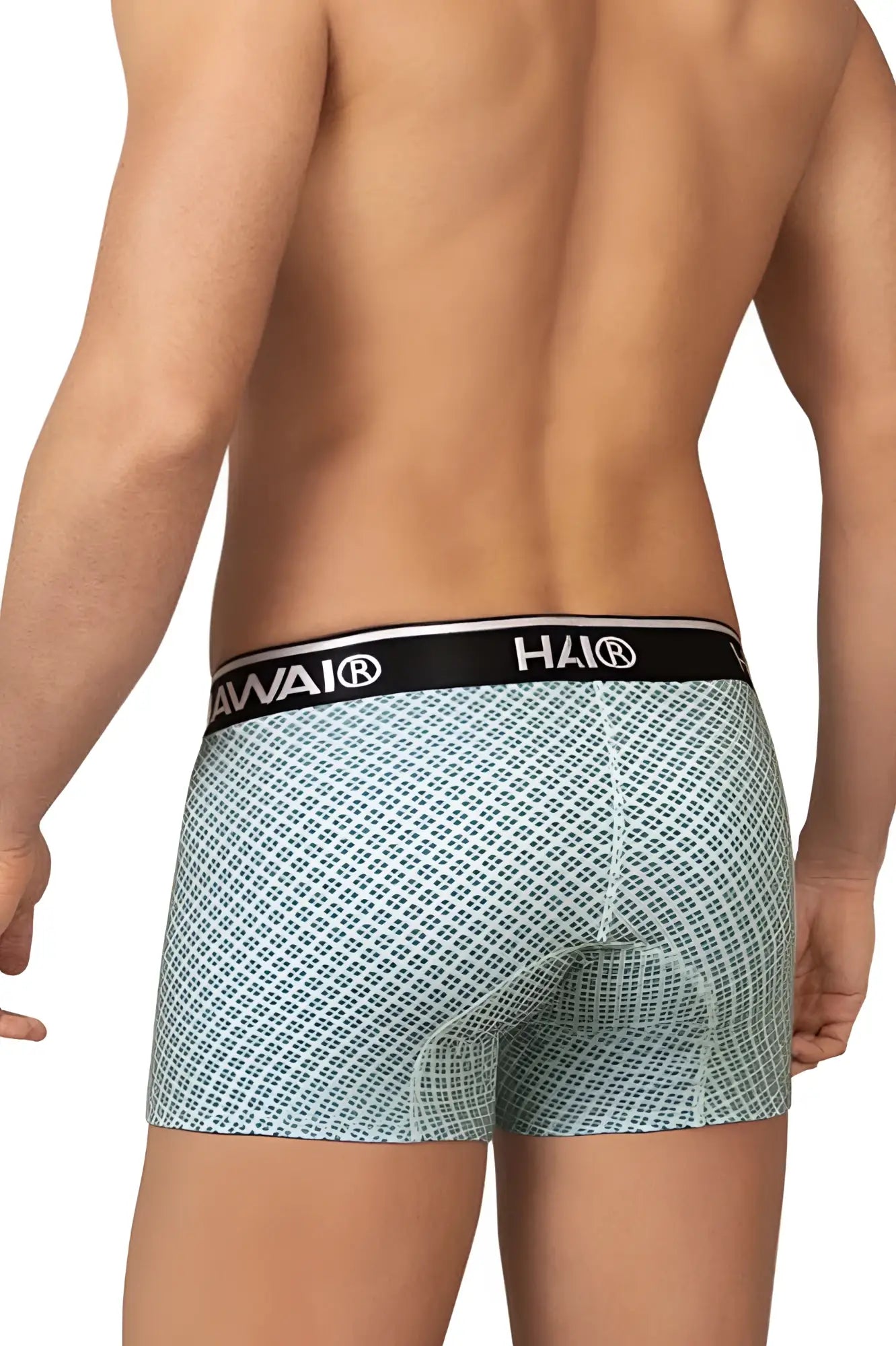 Light blue patterned Havai® men’s boxer briefs with black waistband in HAWAI 42421 printed trunks color green