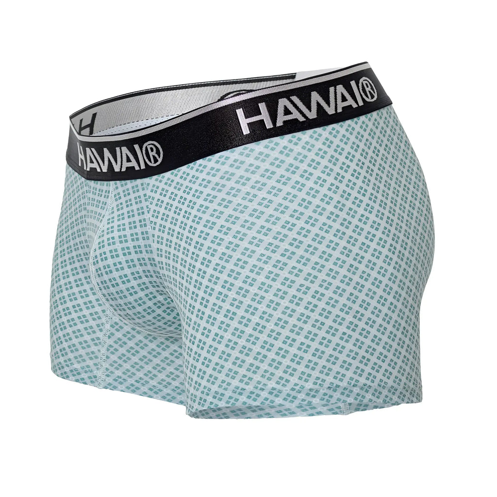 Light green and white checkered men’s boxer briefs with a black waistband featuring the hawai brand name in white lettering