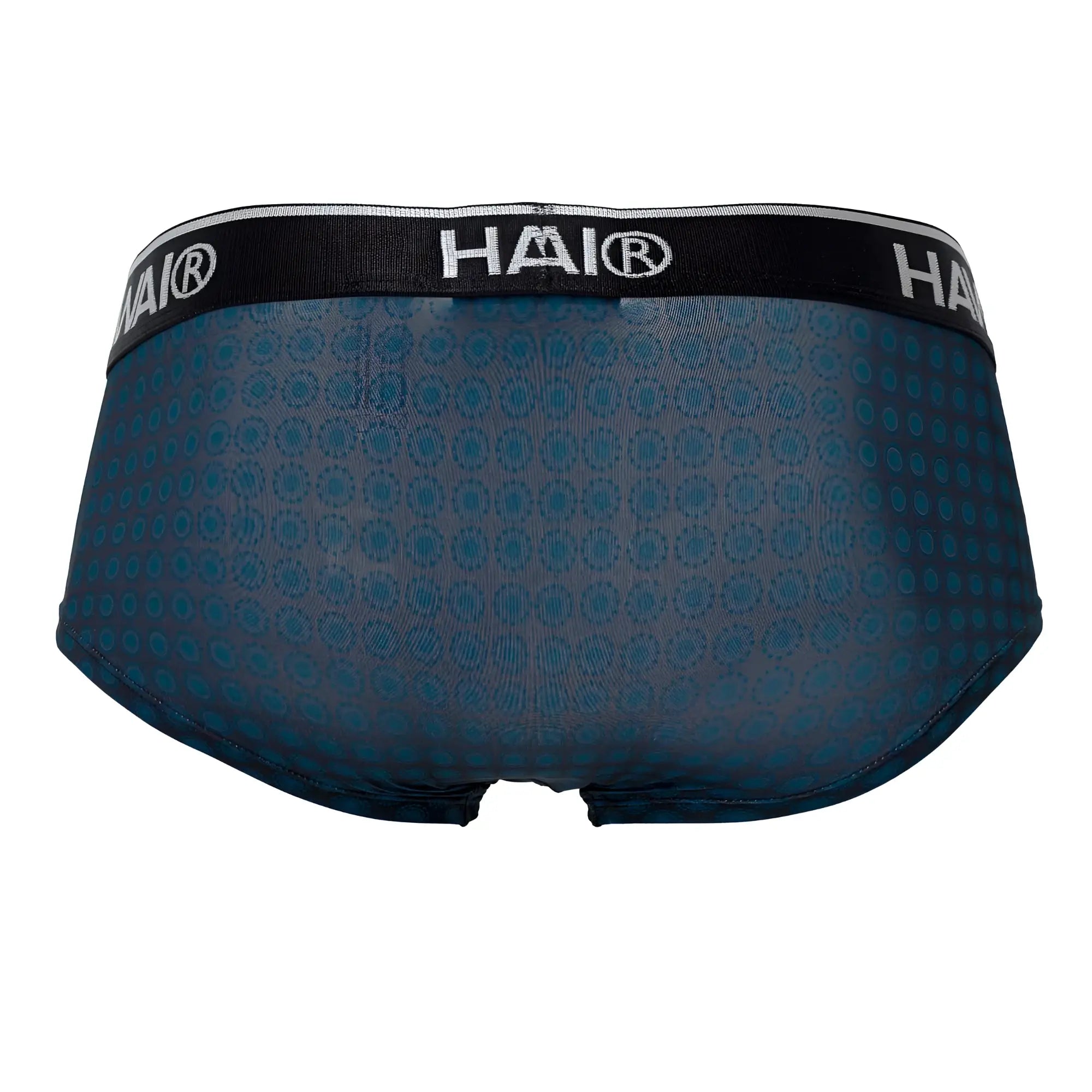 Dark blue hawai 42430 printed briefs with subtle teal circular pattern and black waistband with hai® logo in white