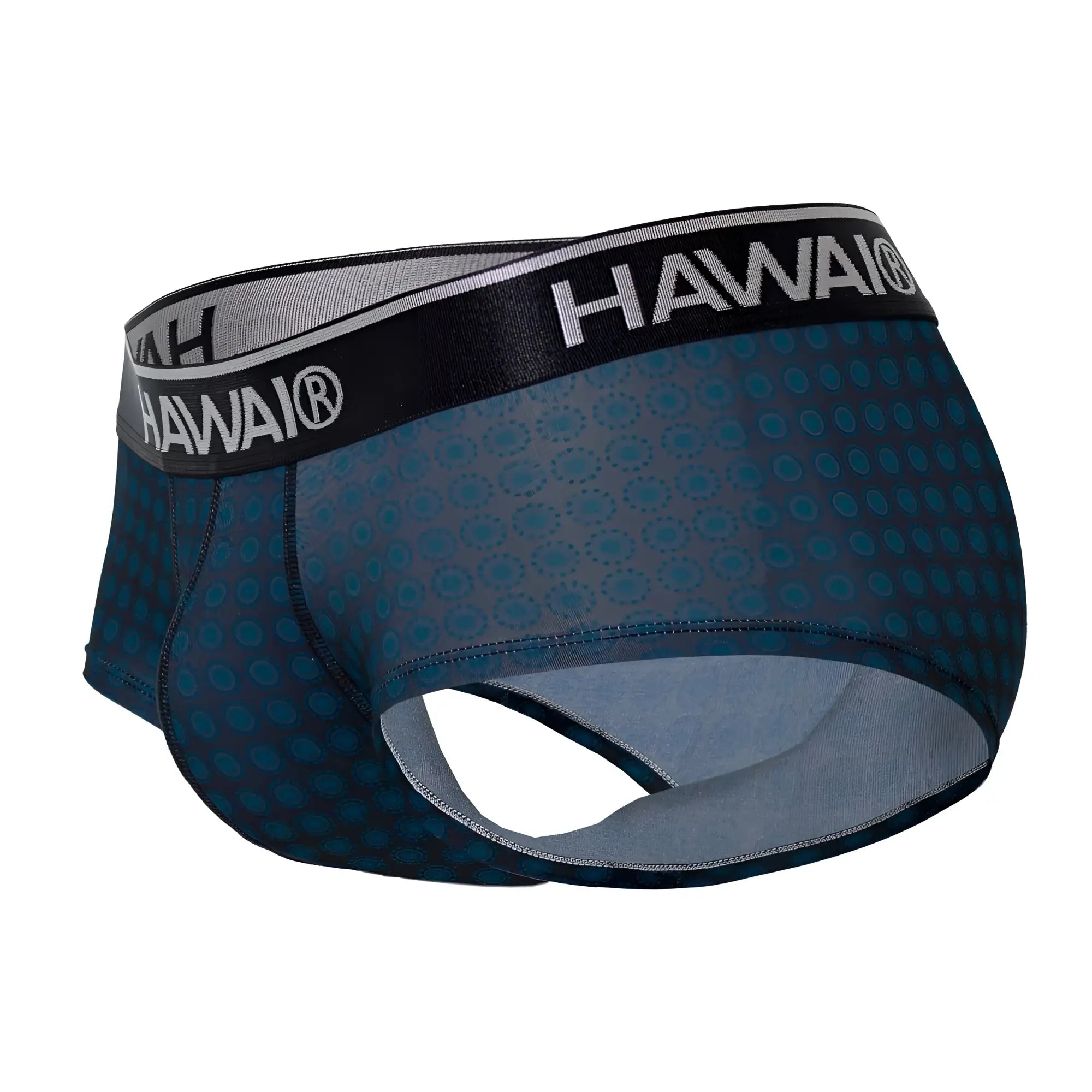 Dark blue patterned men’s briefs with a black waistband featuring the hawai logo in white lettering