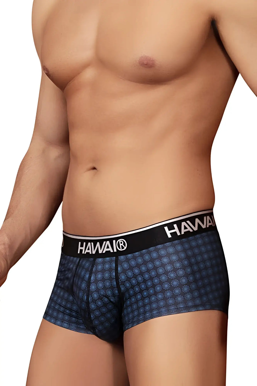 Blue patterned hawai 42430 printed boxer briefs with black waistband and white lettering in blue color