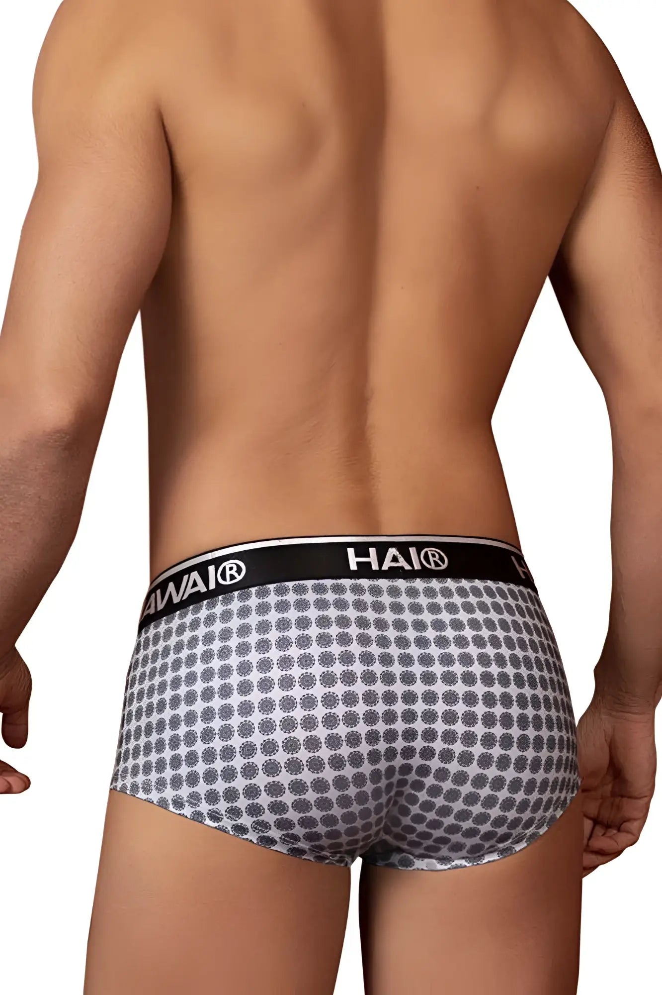 Gray patterned briefs with a black waistband featuring the hai brand logo from hawai 42430 printed briefs collection
