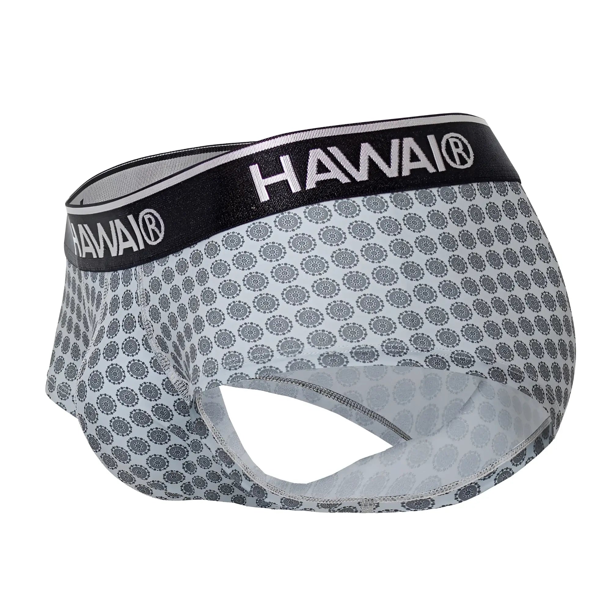 Gray patterned Hawai 42430 men’s briefs with black waistband featuring white Hawai brand lettering