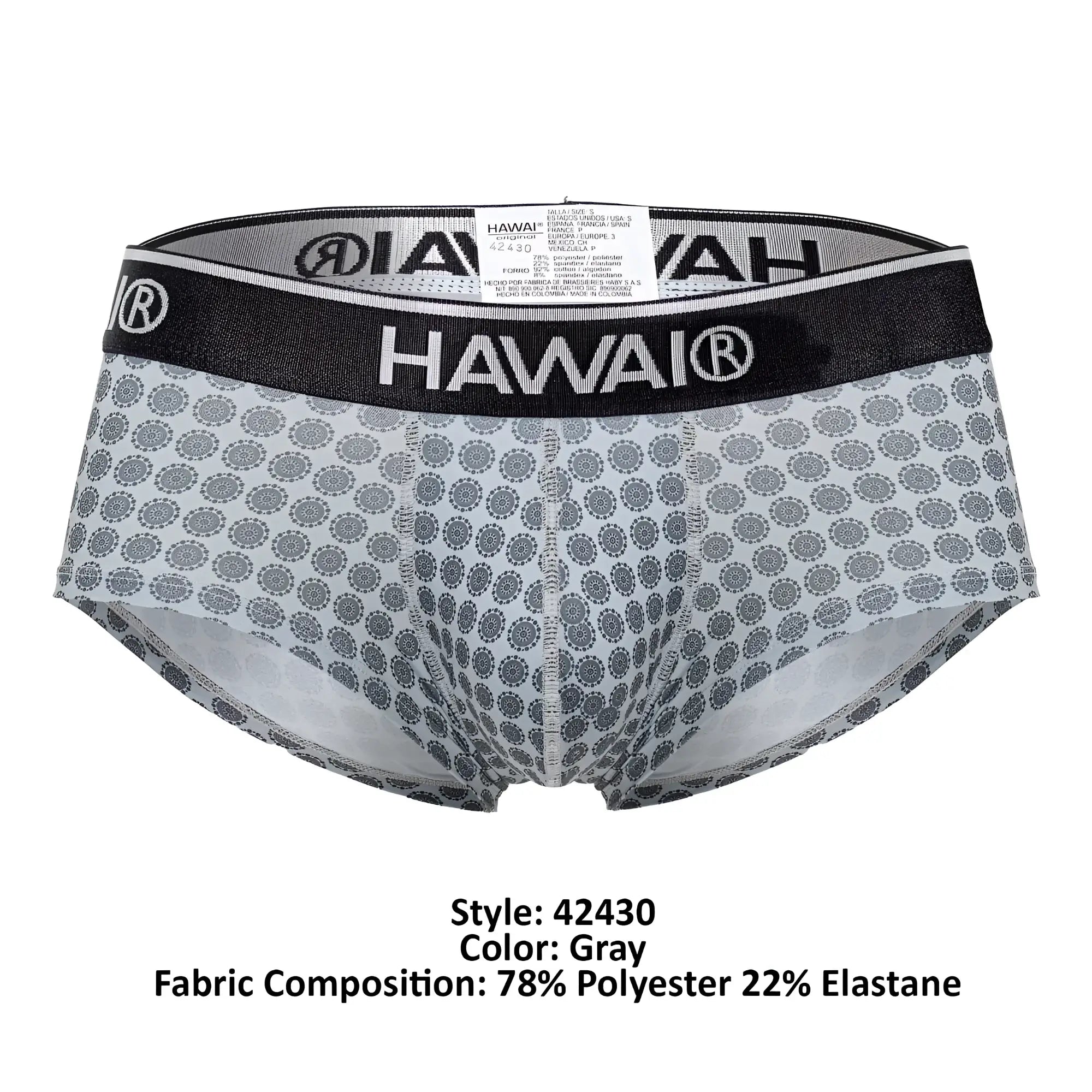 Gray patterned hawai 42430 printed men’s briefs with black elastic waistband and white hawai logo