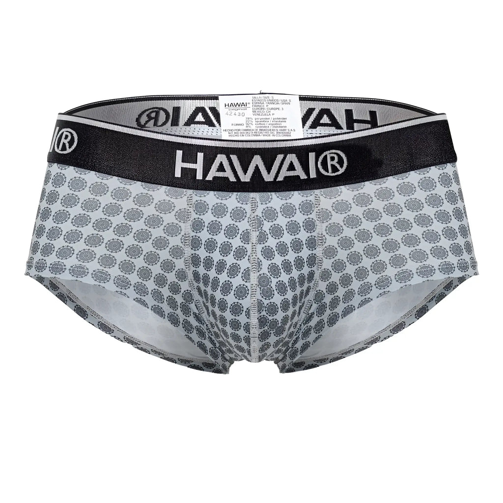 Gray patterned men’s briefs with a black waistband featuring the Hawai brand name in white lettering, model 42430