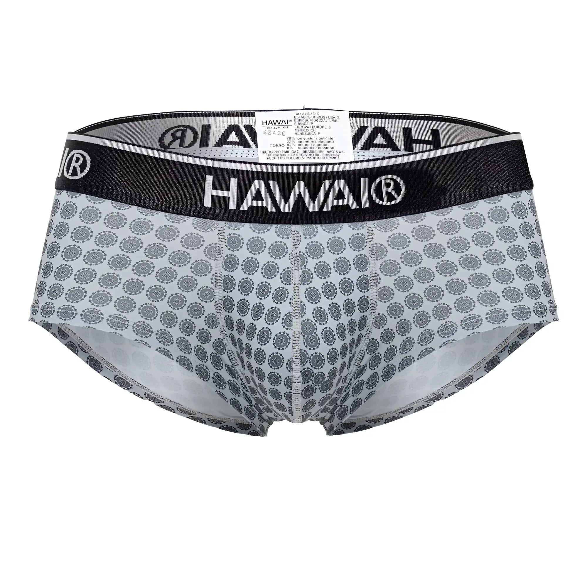Gray patterned men’s briefs with a black waistband featuring the Hawai brand name in white lettering, model 42430