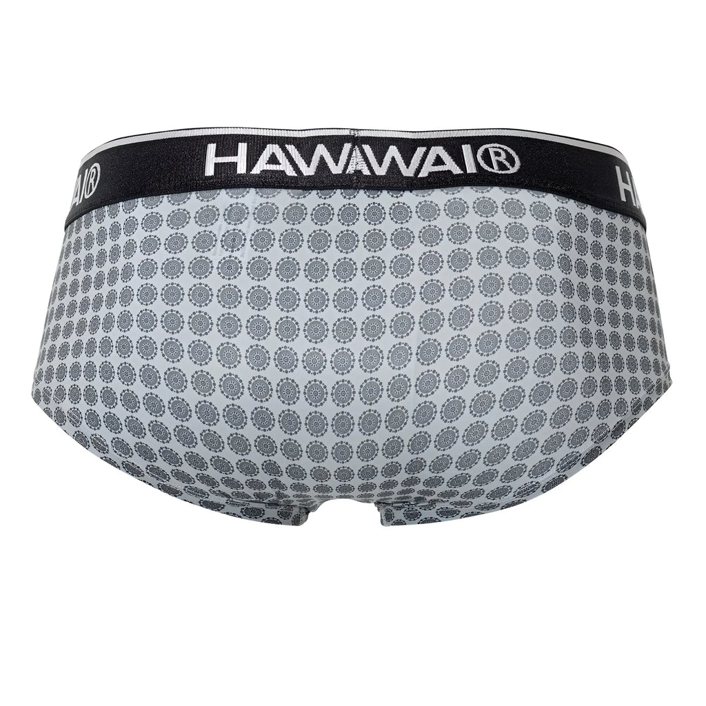 Gray patterned men’s briefs with black hawaii waistband branded in white, model hawai 42430 printed briefs color gray