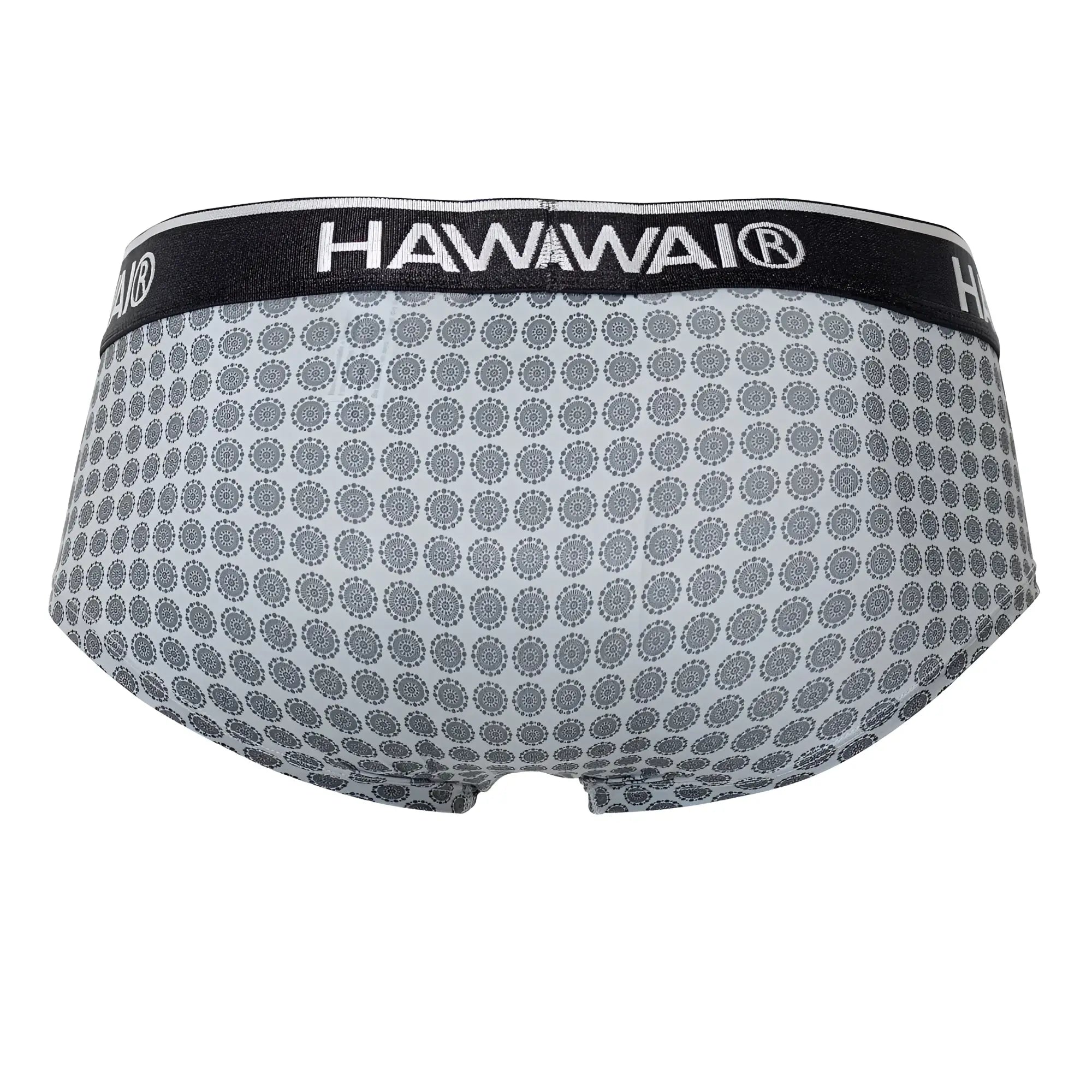 Gray patterned men’s briefs with black hawaii waistband branded in white, model hawai 42430 printed briefs color gray
