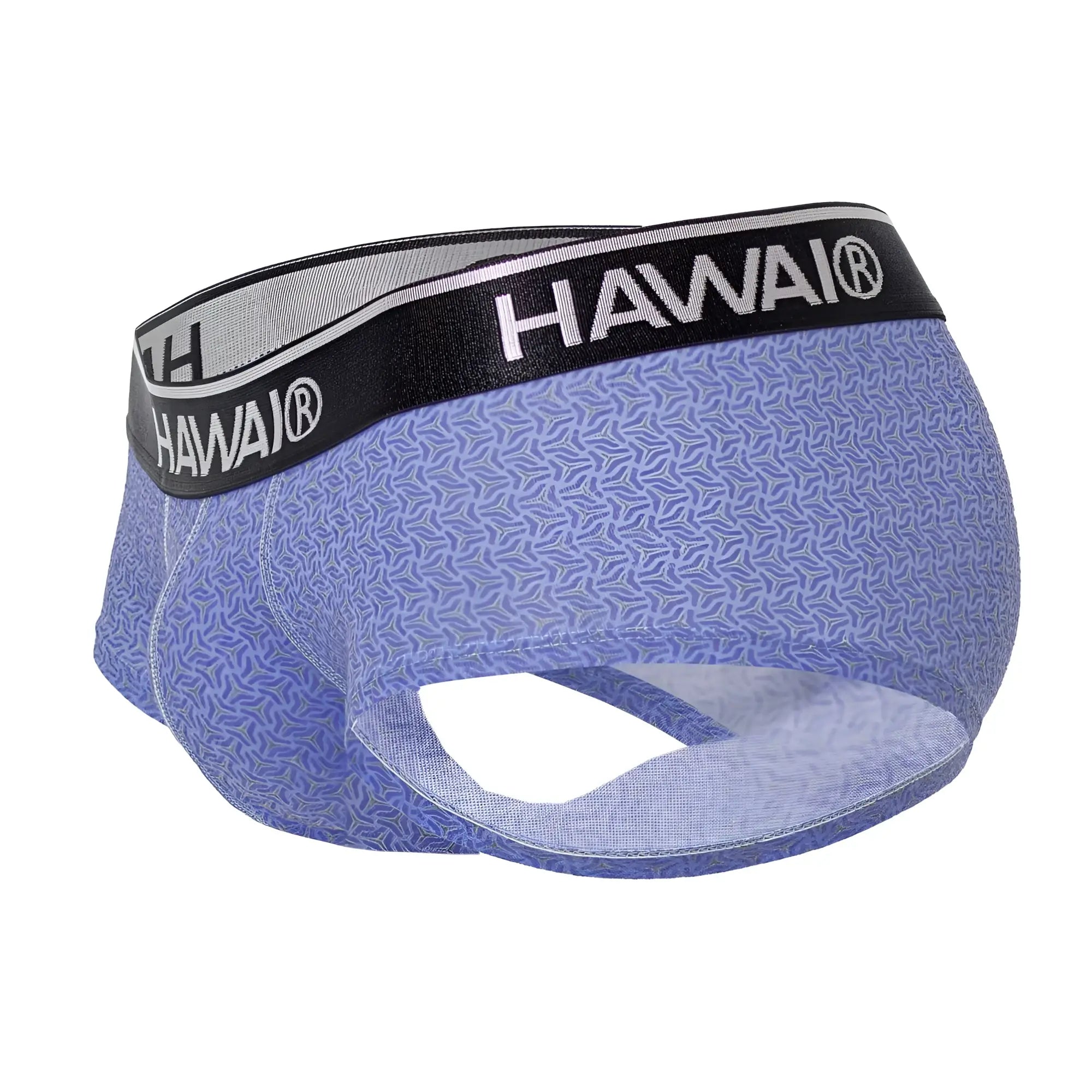 Blue patterned hawai 42431 printed briefs for men with black waistband featuring white hawai lettering