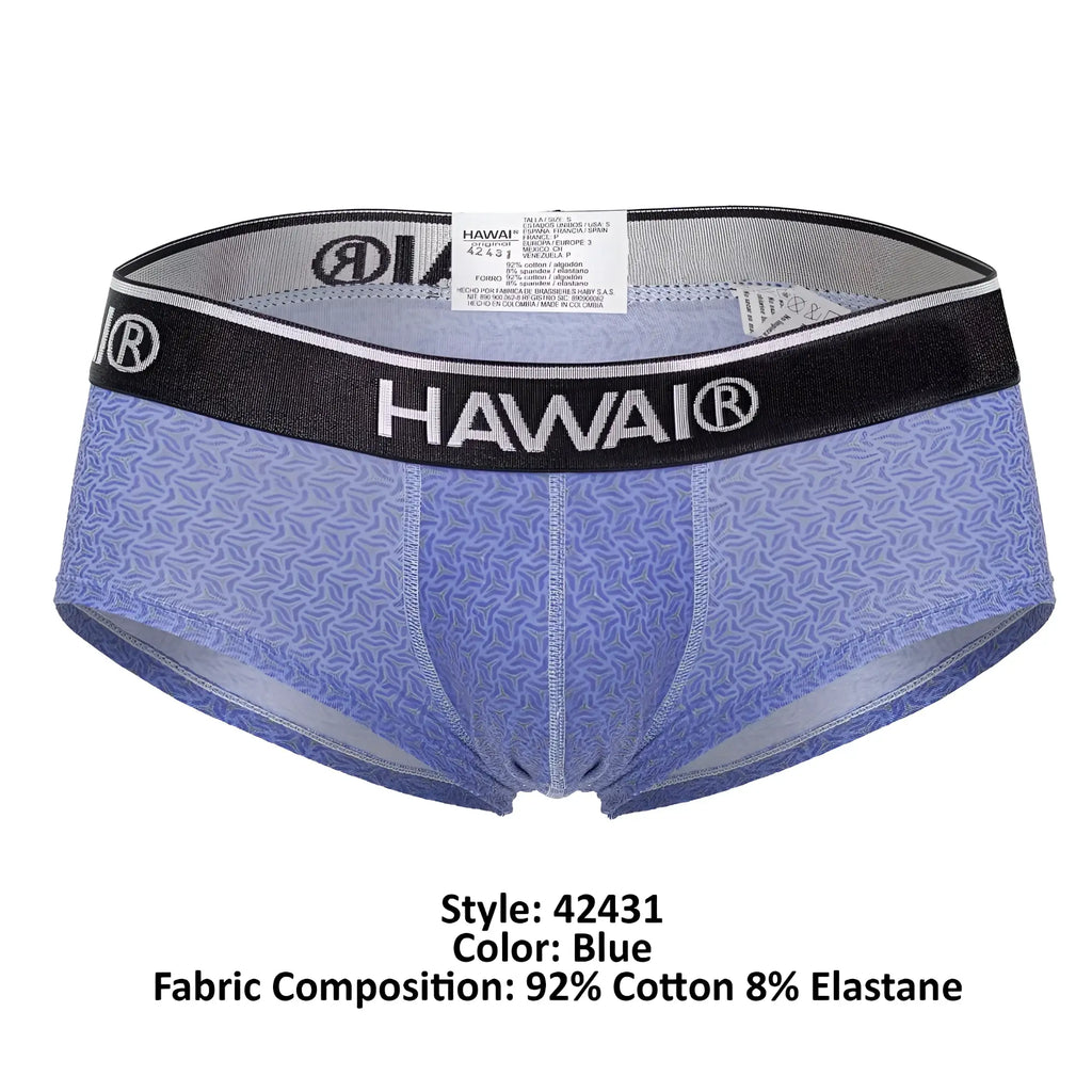 Blue patterned men’s briefs with black waistband featuring hawai brand name in white lettering model 42431