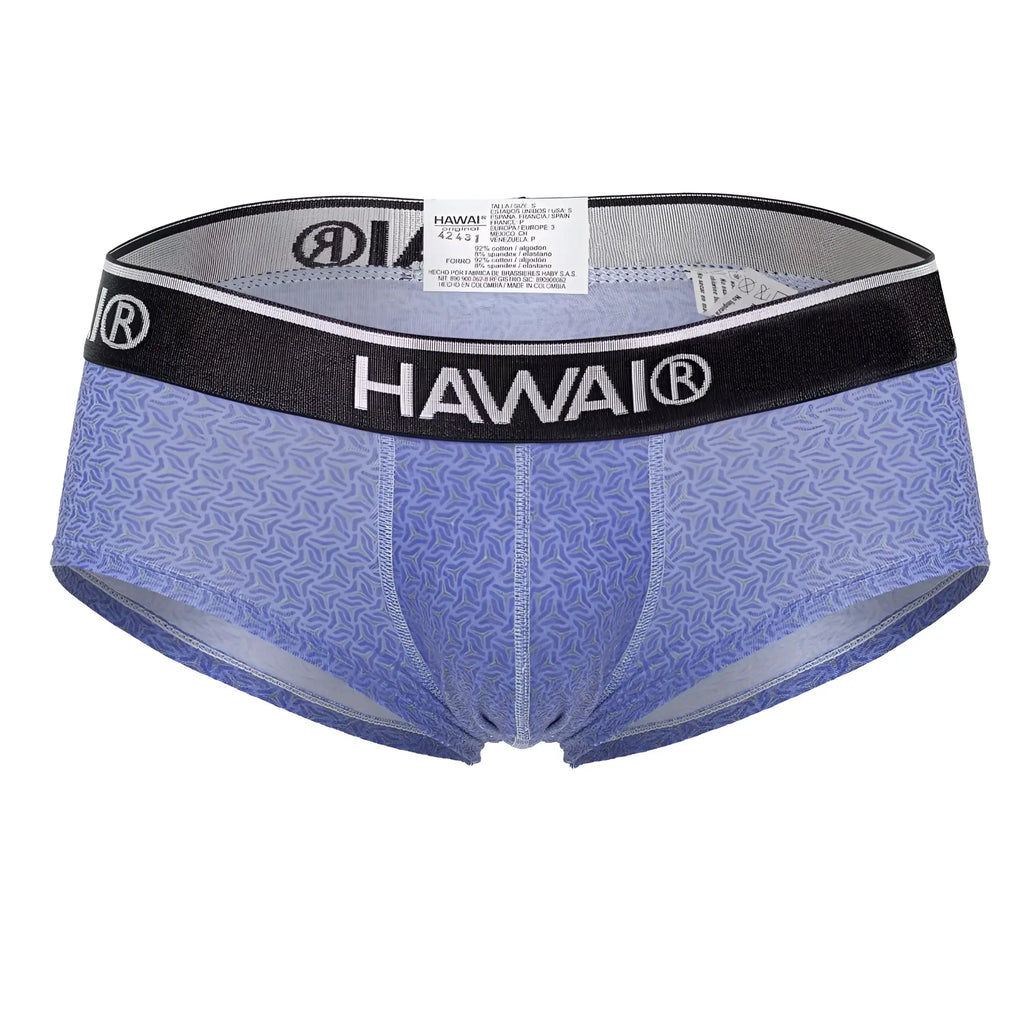 Blue patterned men’s briefs with black waistband and hawai brand name in white lettering model 42431