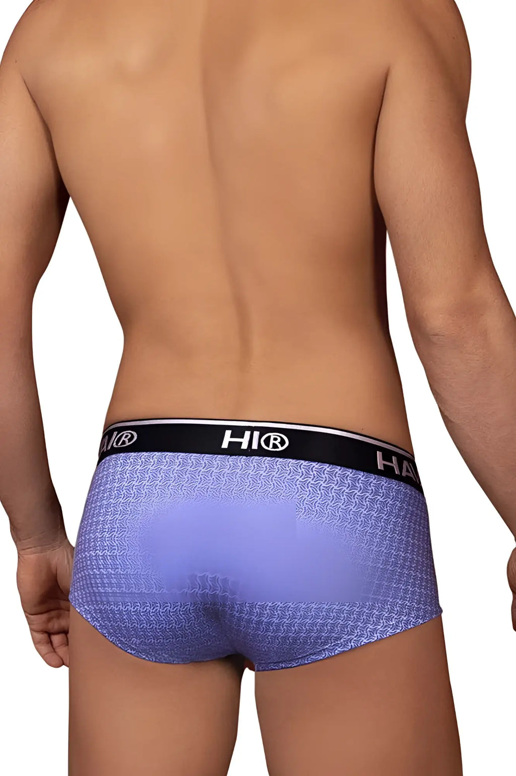 Blue Hawai 42431 printed briefs featuring a purple pattern and black waistband with hi® logo