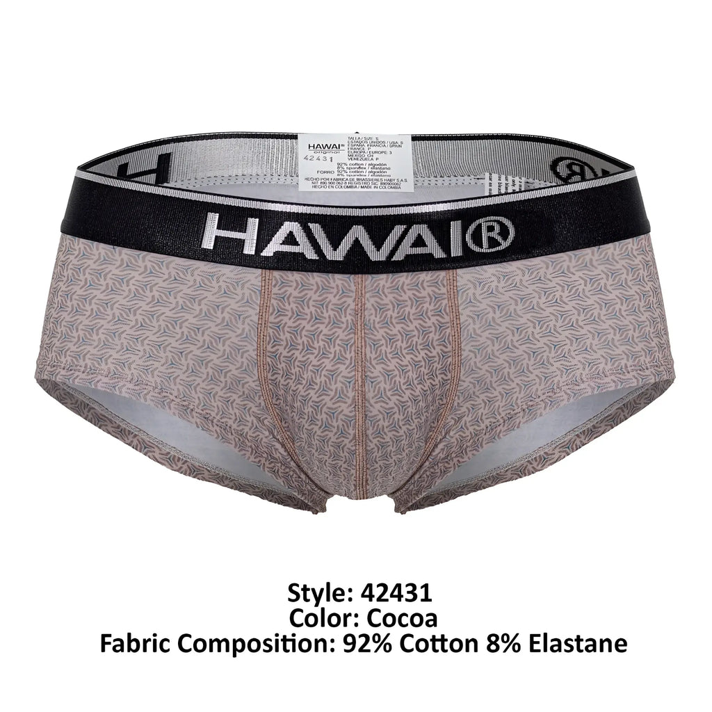 Cocoa-colored Hawai 42431 printed briefs with subtle leaf pattern and black elastic waistband featuring brand logo