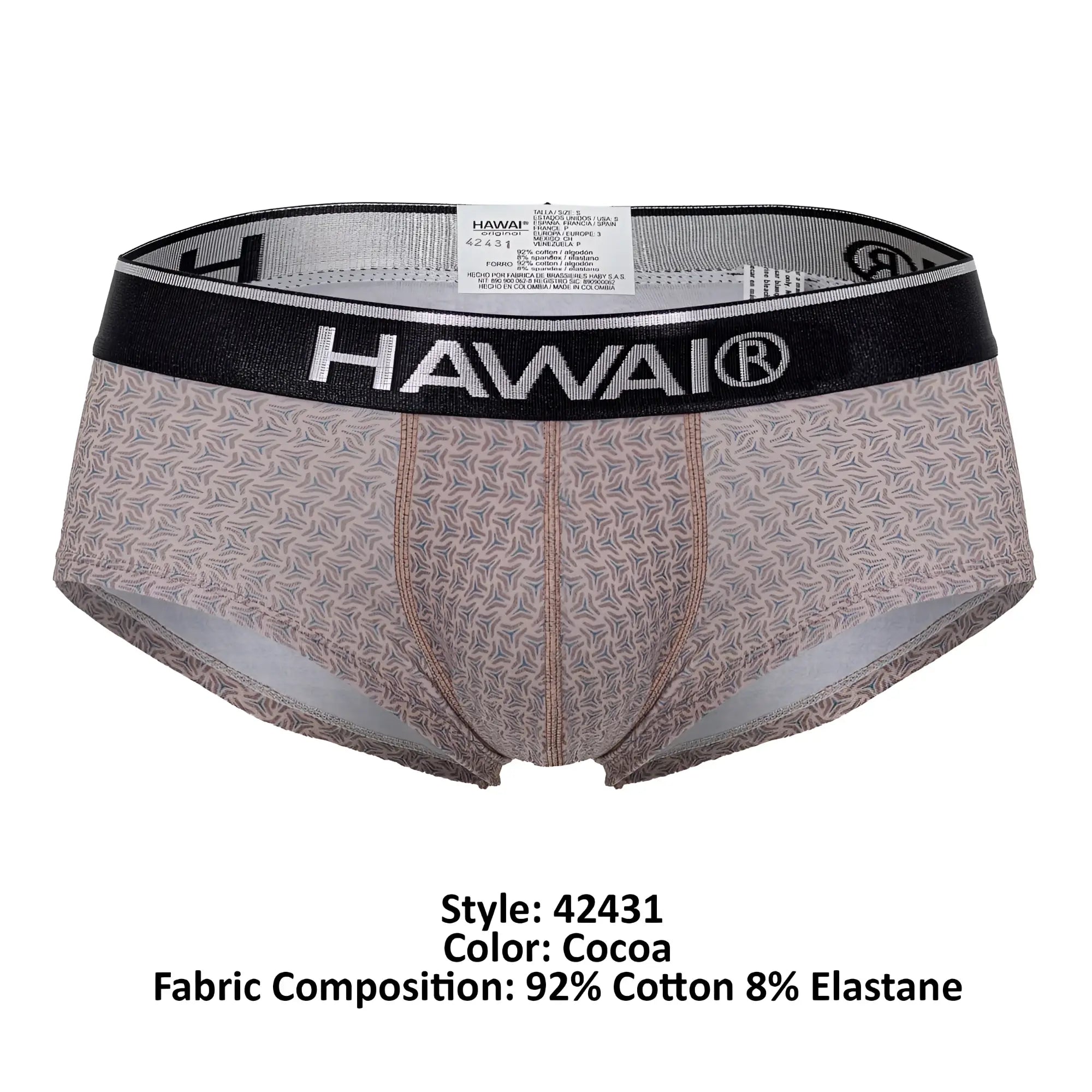 Cocoa-colored Hawai 42431 printed briefs with subtle leaf pattern and black elastic waistband featuring brand logo