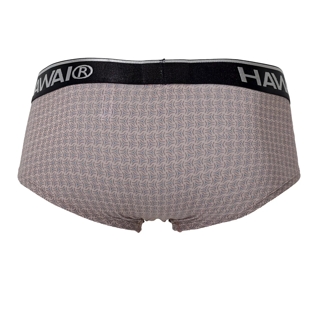 Gray patterned briefs with a black waistband featuring the hawai brand name in white cocoa color print