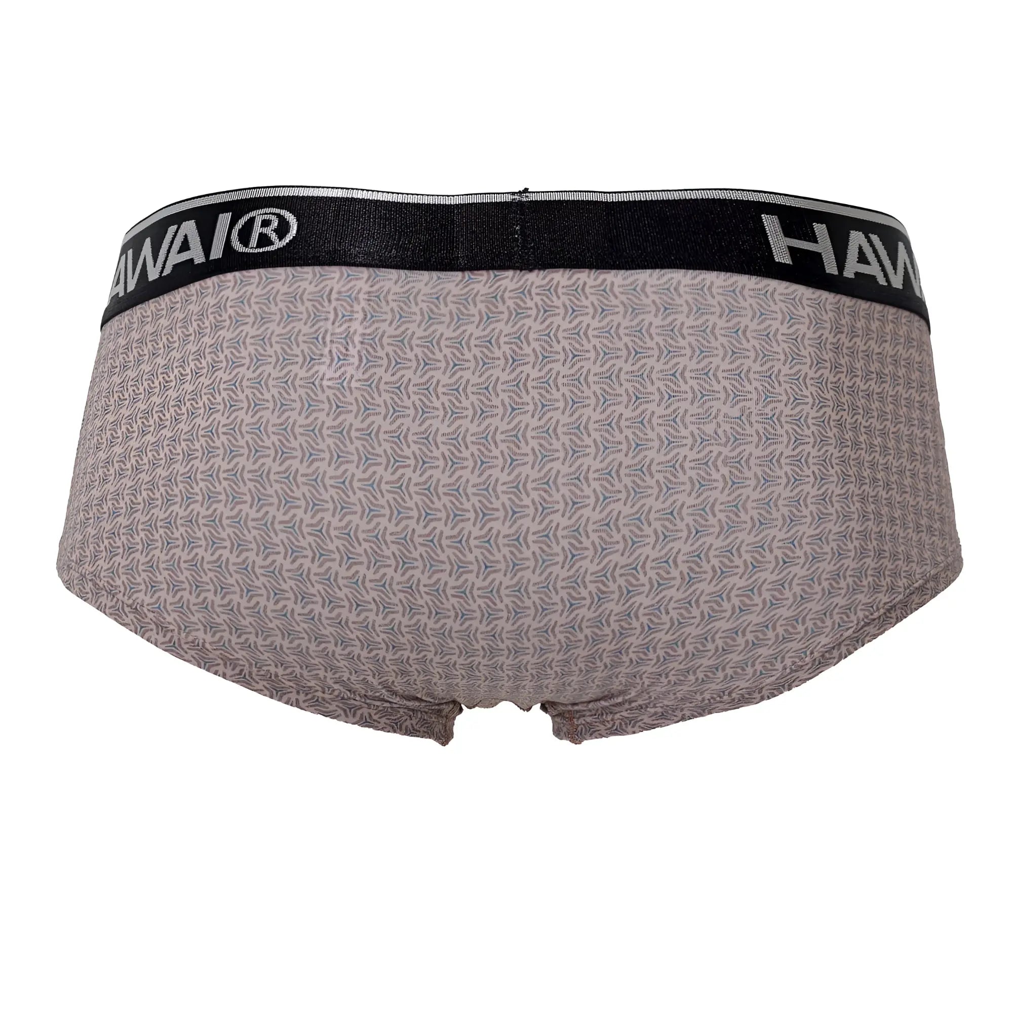 Gray patterned briefs with a black waistband featuring the hawai brand name in white cocoa color print