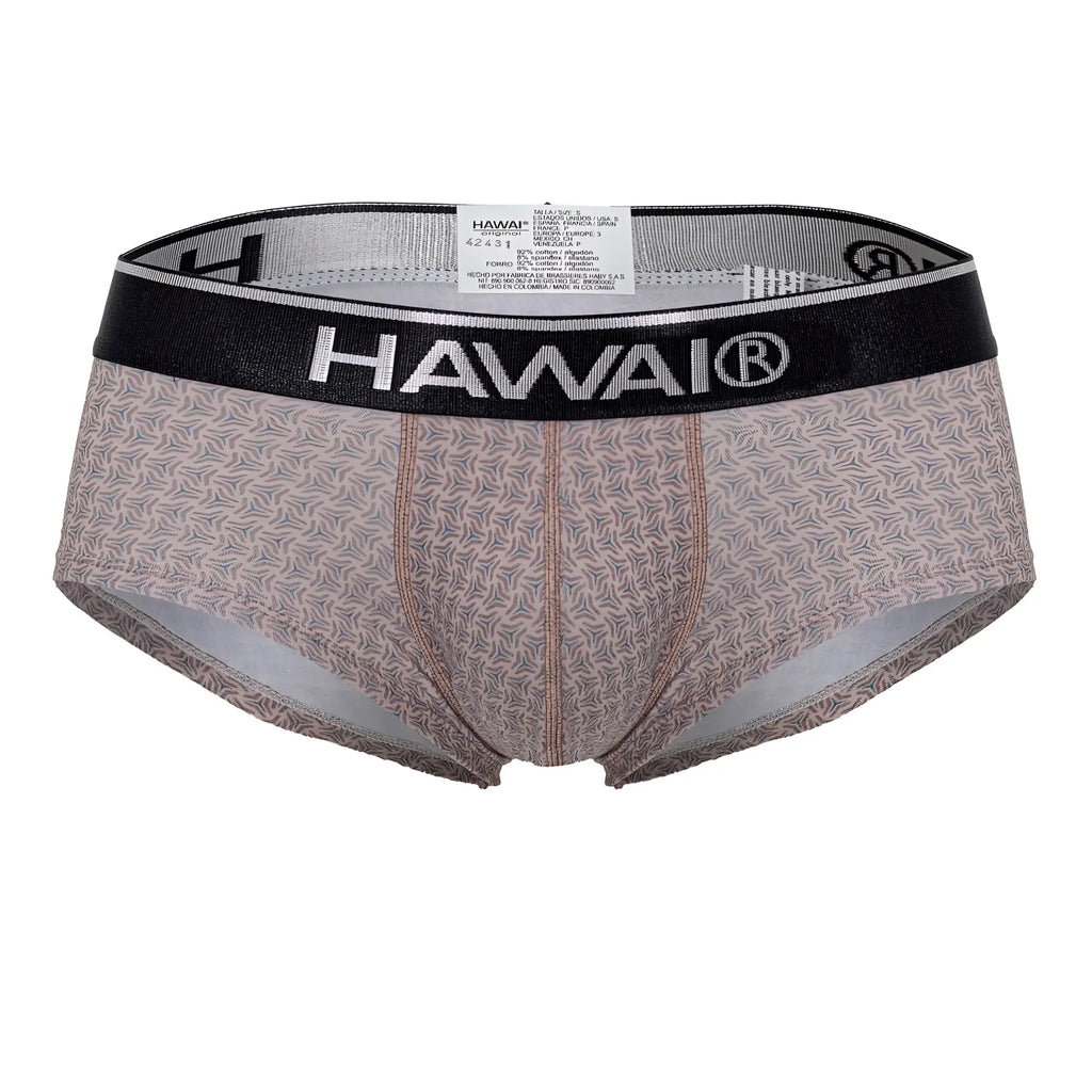 Hawaii 42431 printed briefs in cocoa with beige and gray leaf pattern and black elastic waistband for men