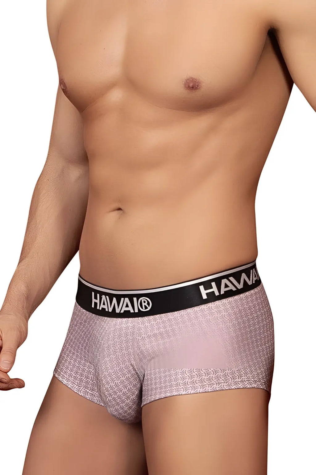 Hawai 42431 printed briefs men’s boxer briefs in light pink and white geometric pattern with black hawai waistband cocoa color
