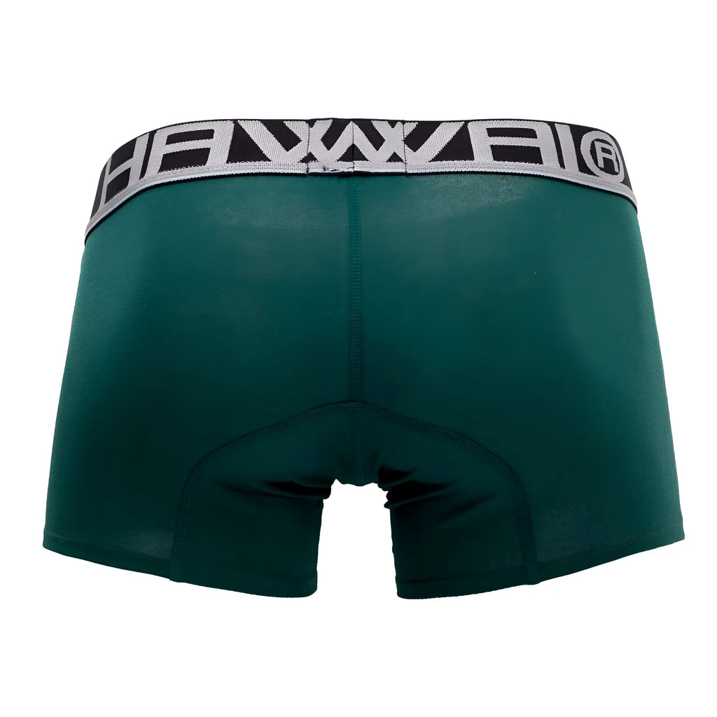 Dark green hawai 4986 solid athletic boxer briefs with black and gray patterned waistband featuring brand logo