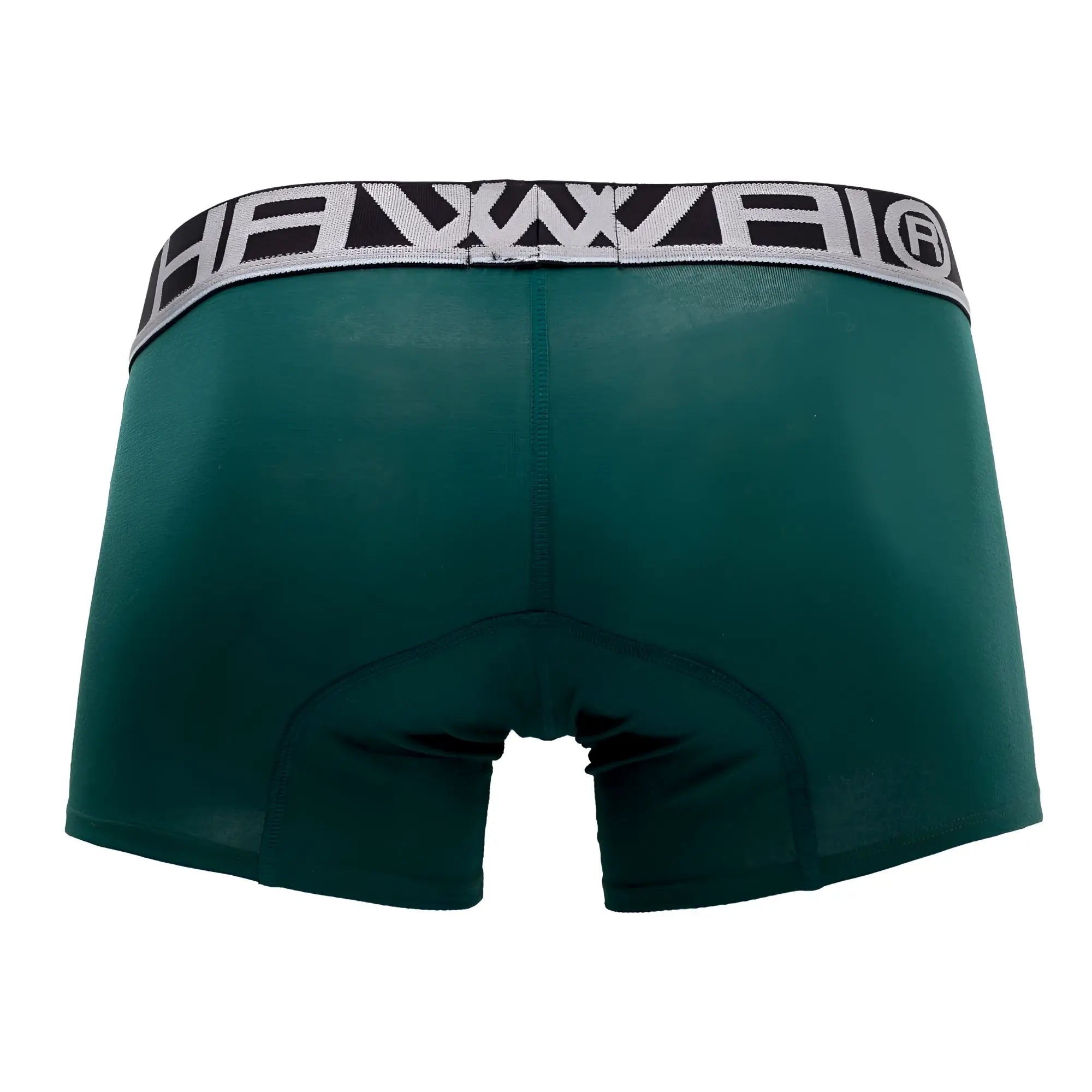 Dark green hawai 4986 solid athletic boxer briefs with black and gray patterned waistband featuring brand logo