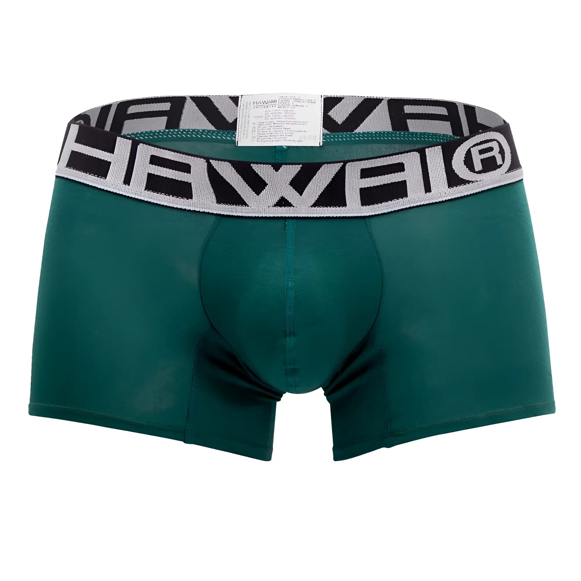 Dark green hawa athletic trunks with black gray elastic waistband and bold white hawa logo for active wear