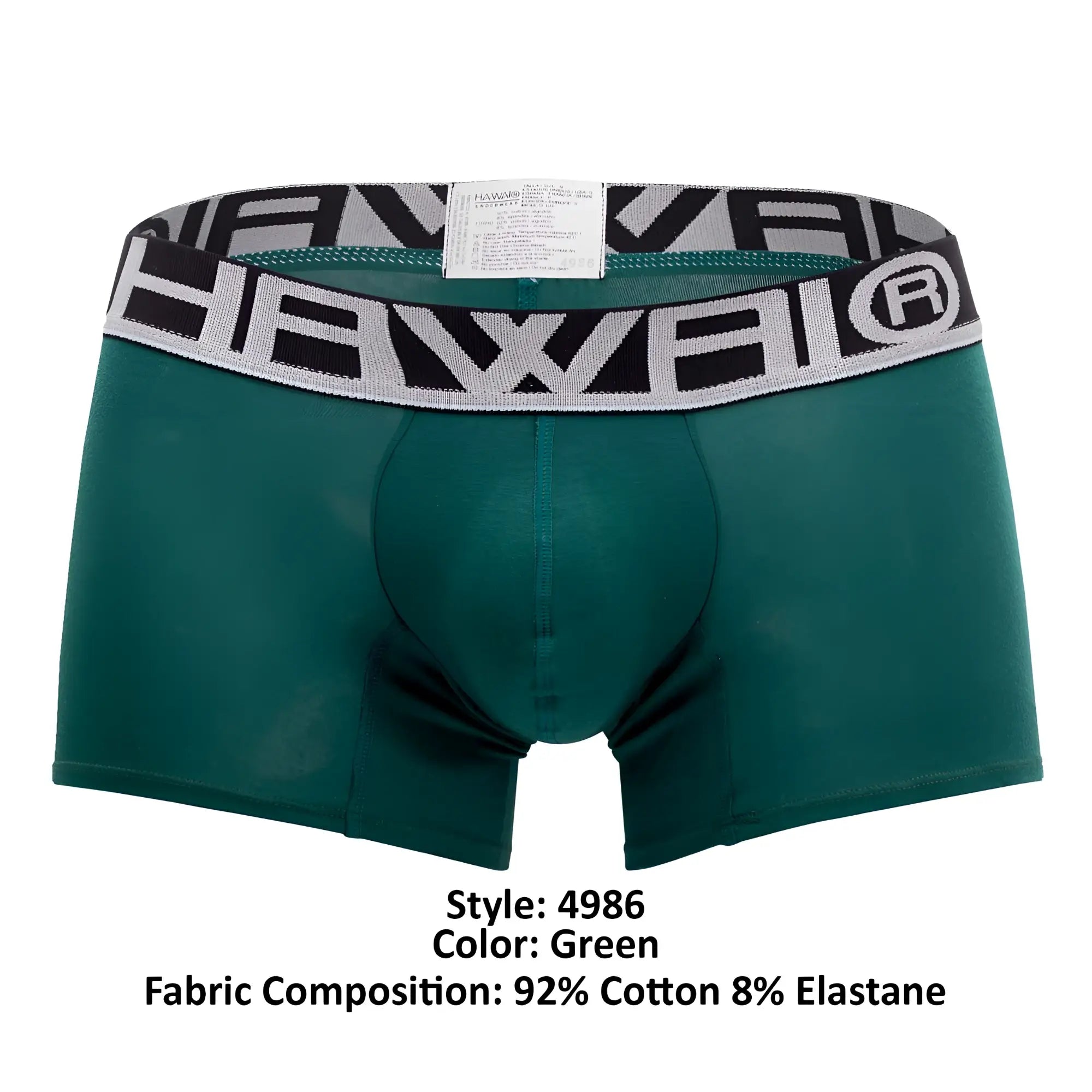 Green hawaii boxer briefs with solid green fabric and black and gray patterned waistband for athletic use
