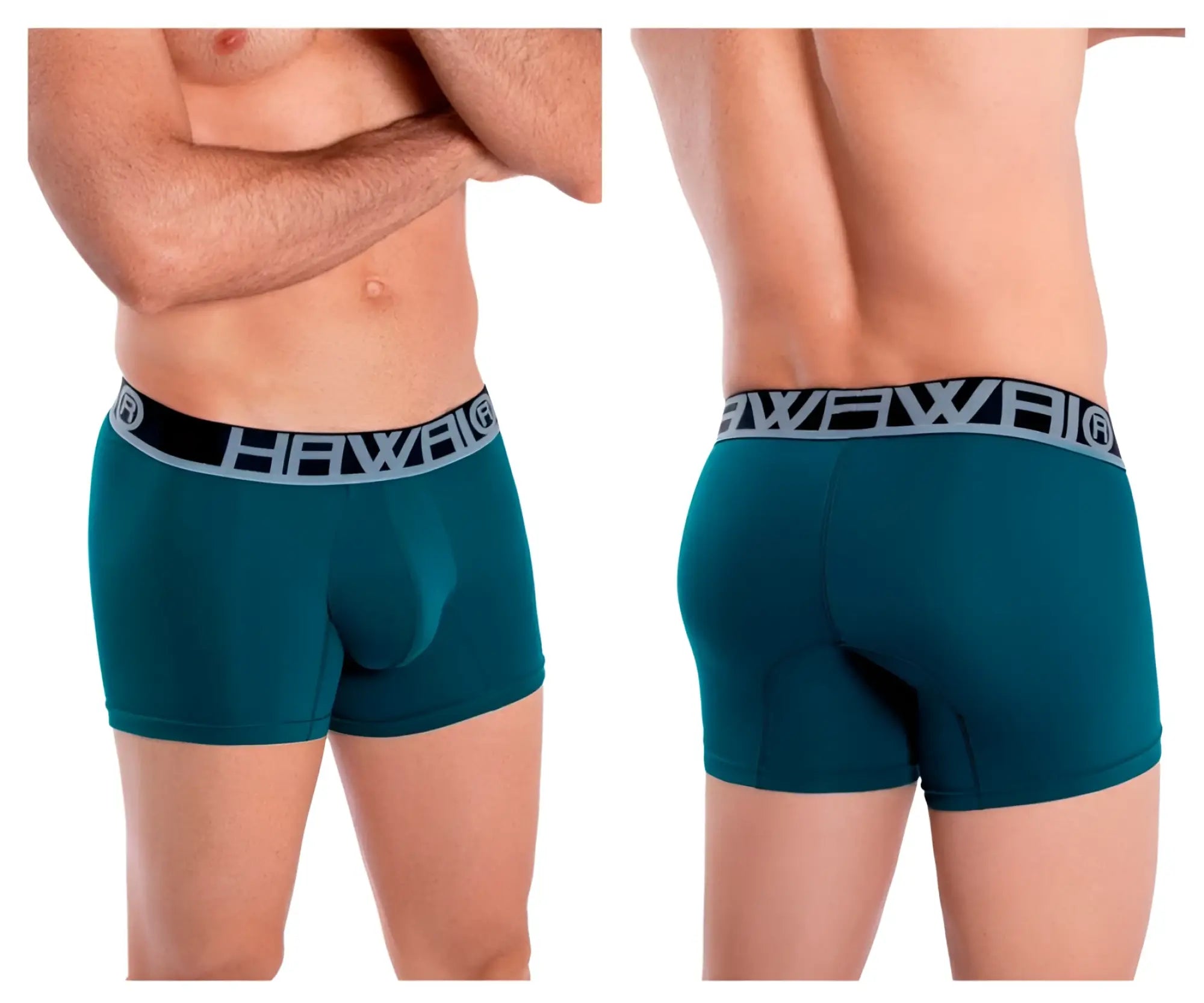 Teal green men’s boxer briefs with black gray elastic waistband featuring hawai logo in solid athletic trunks design