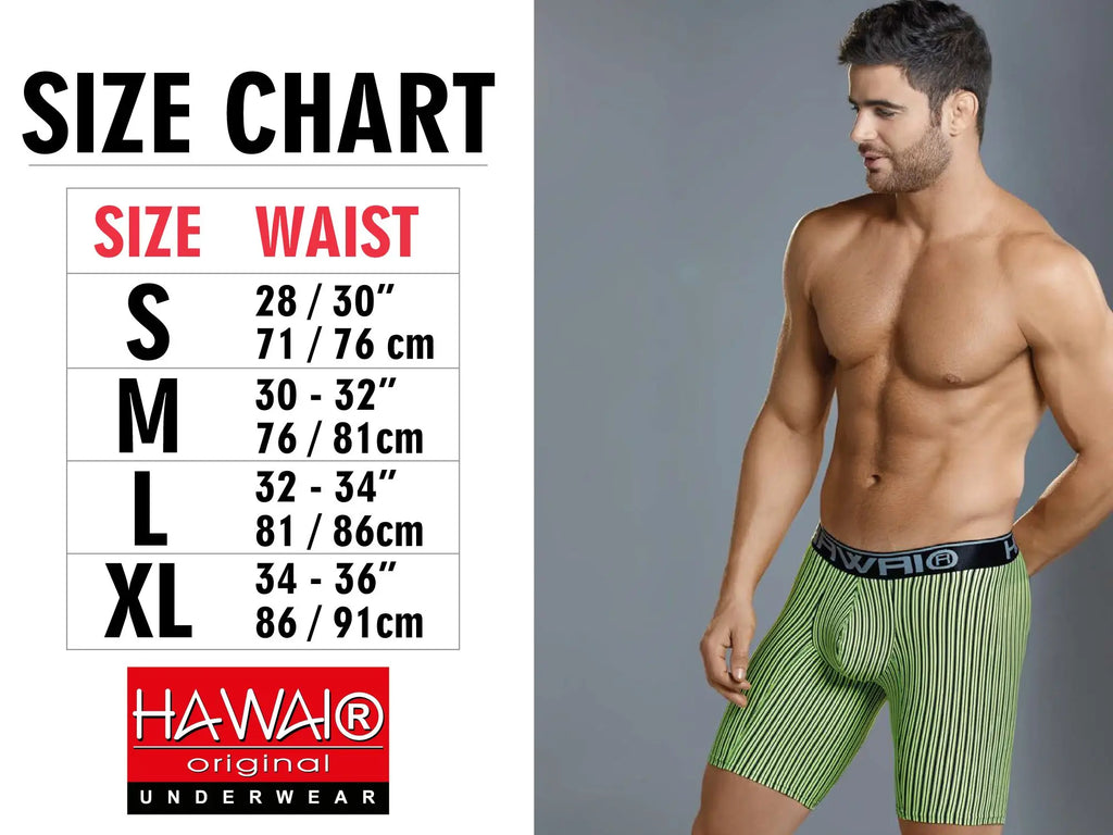 Green and white striped men’s boxer briefs with black elastic waistband featuring hawaii logo for athletic use