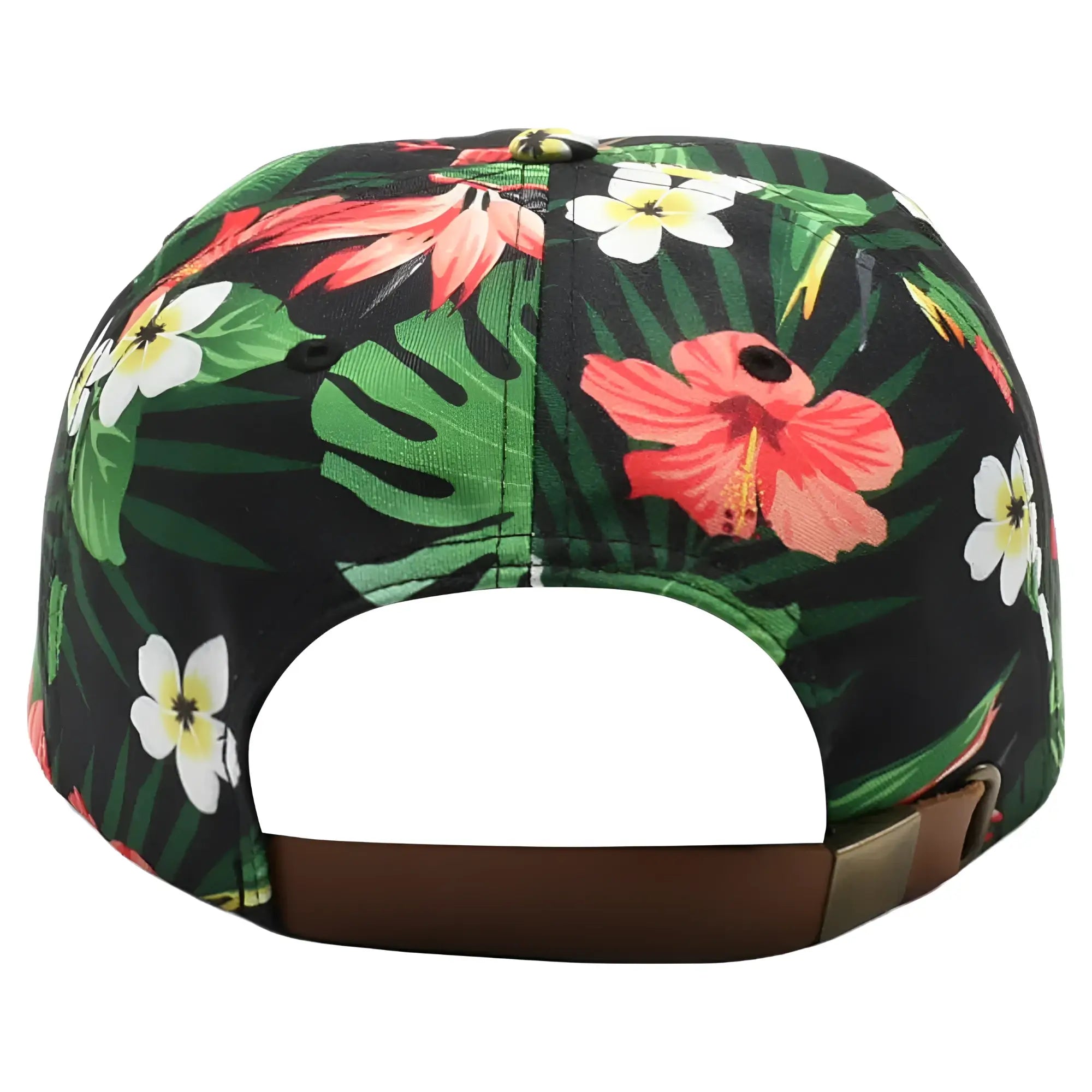 Black baseball cap with vibrant tropical floral pattern featuring pink hibiscus white frangipani and green monstera leaves
