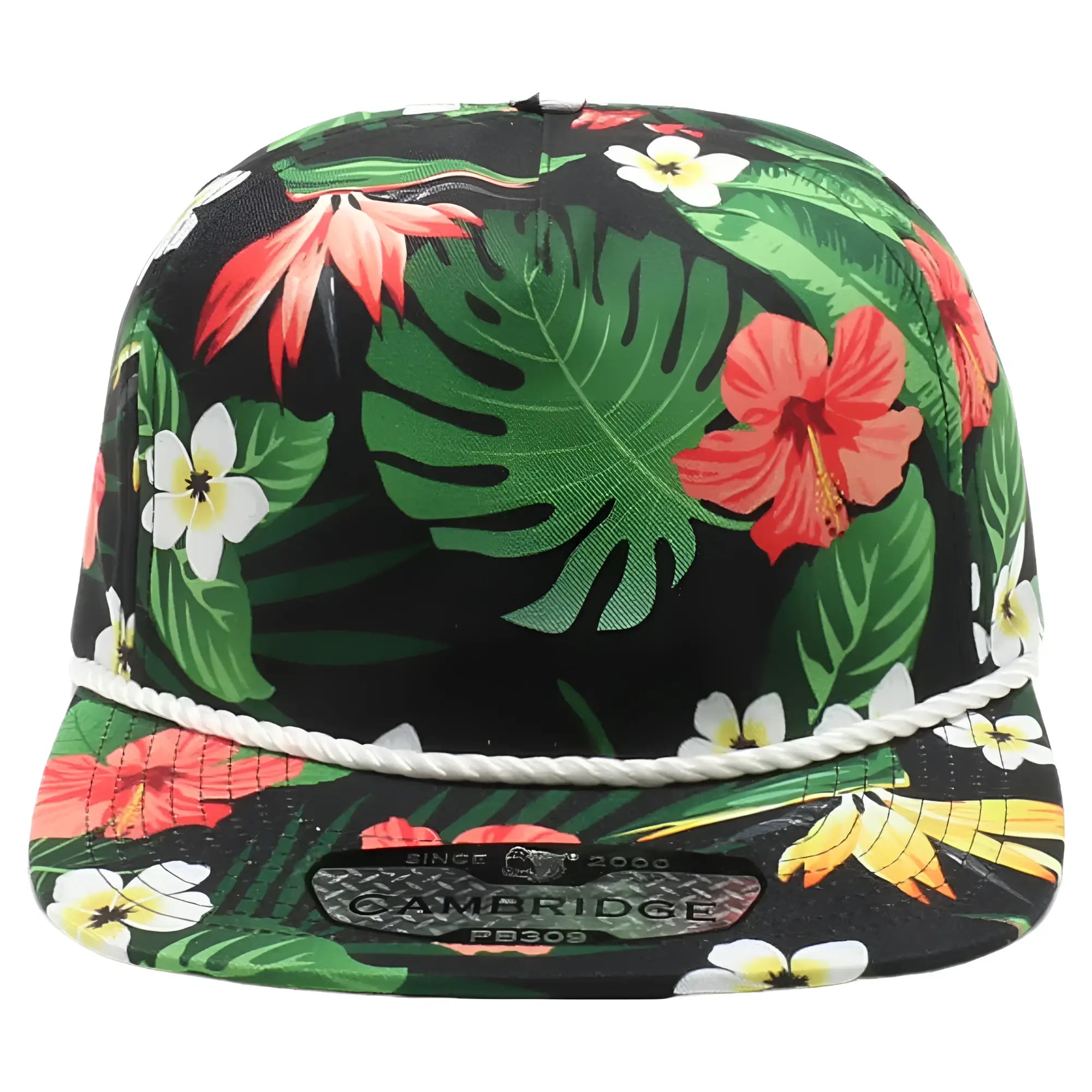 Black snapback cap with vibrant red hibiscus white plumeria green monstera leaves and white rope trim hawaii floral rope hat