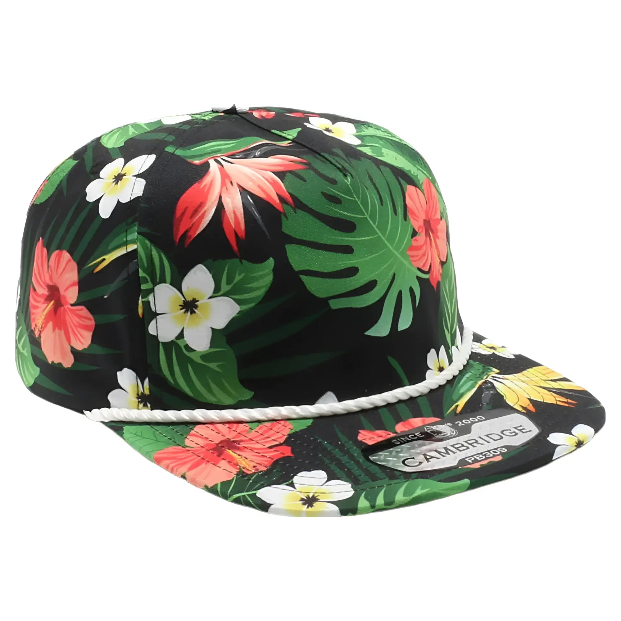 Black snapback cap with vibrant tropical floral pattern red hibiscus white plumeria green monstera leaves white rope trim