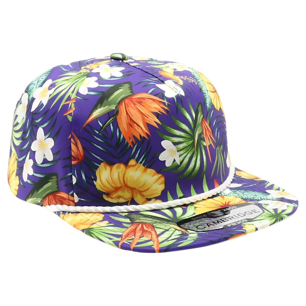 Purple snapback cap with vibrant tropical floral pattern and white rope trim on brim featured in hawaii floral rope hat