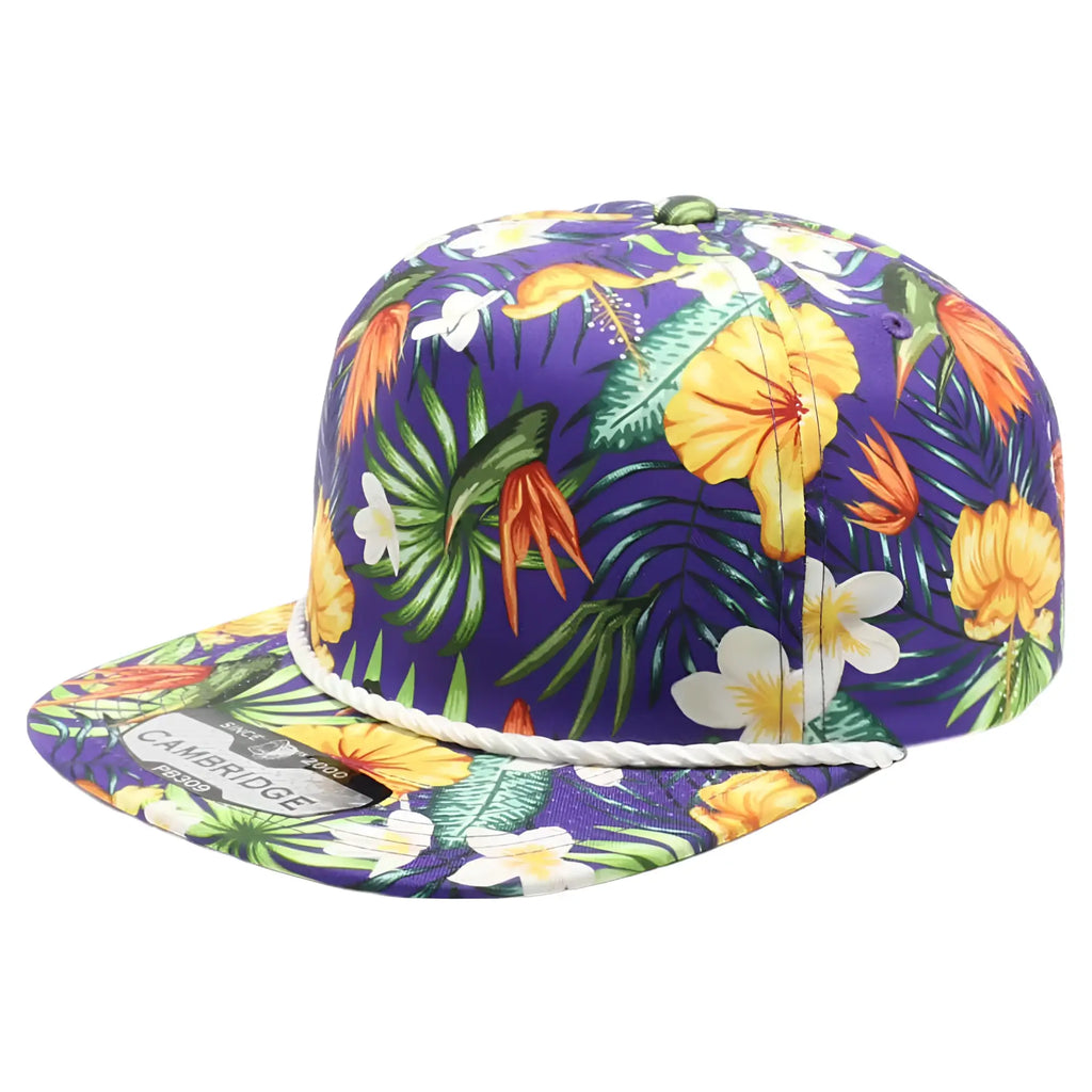 Hawaii floral rope hat snapback cap in vibrant purple with tropical yellow hibiscus white plumeria and green leaves