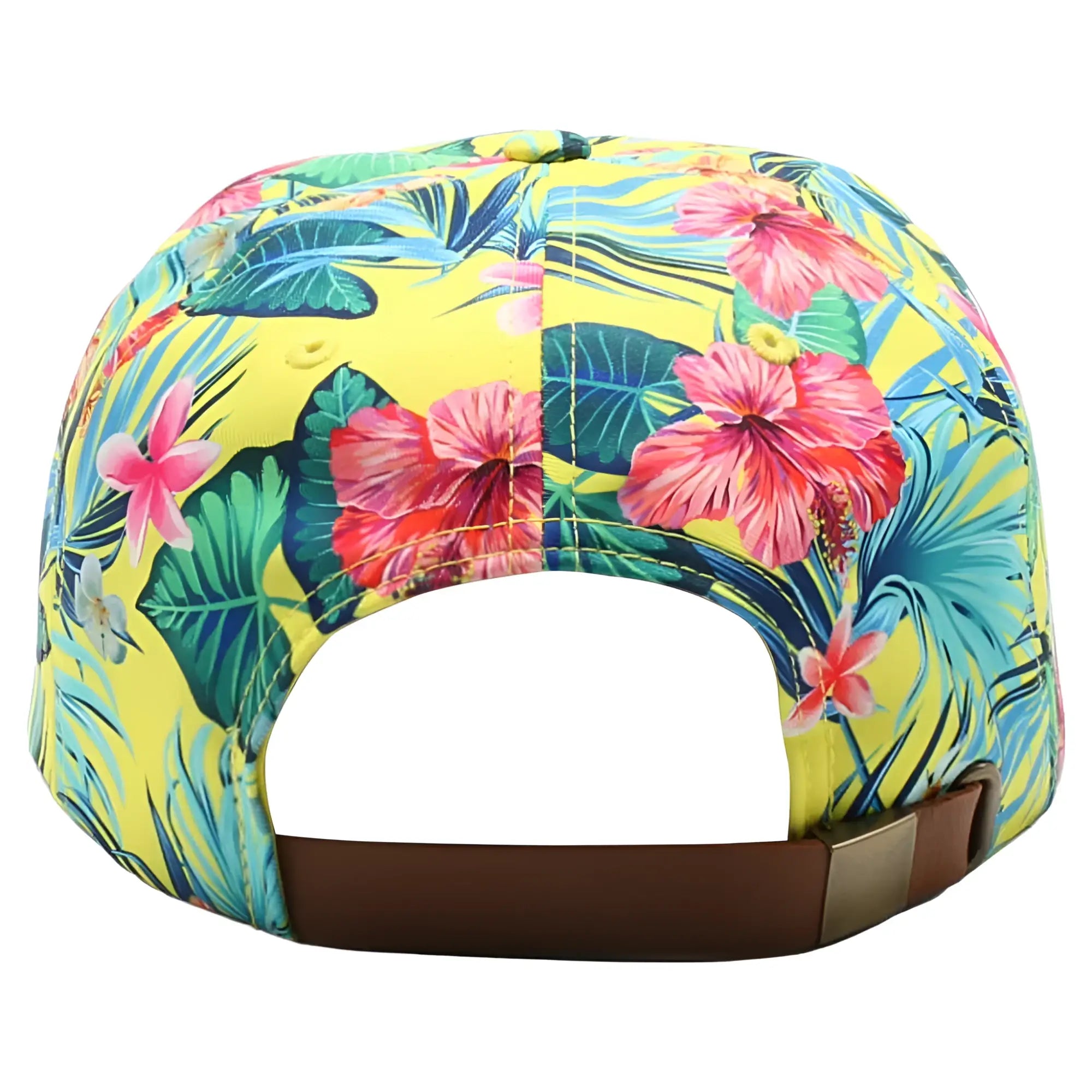 Vibrant yellow hawaii floral rope hat with tropical pink hibiscus print and brown leather-style adjustable strap