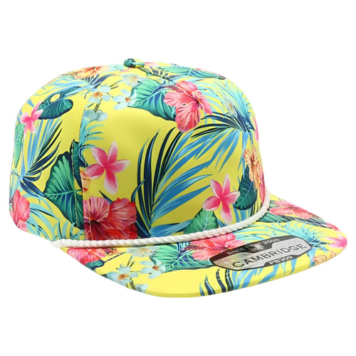 Vibrant yellow hawaii floral rope snapback cap with pink hibiscus flowers green palm leaves and white rope trim