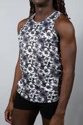 Black and white floral print sleeveless tank top featuring hawaiian hibiscus design perfect for casual wear