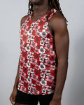 A vibrant red pink and white Hawaiian hibiscus print tank top with a racerback design perfect for summer wear
