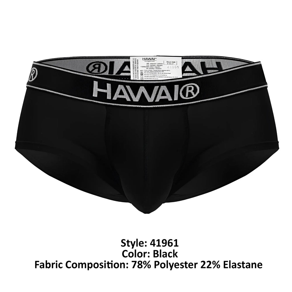 Black Hawai brand black microfiber briefs with a gray and white logo band for comfortable everyday wear