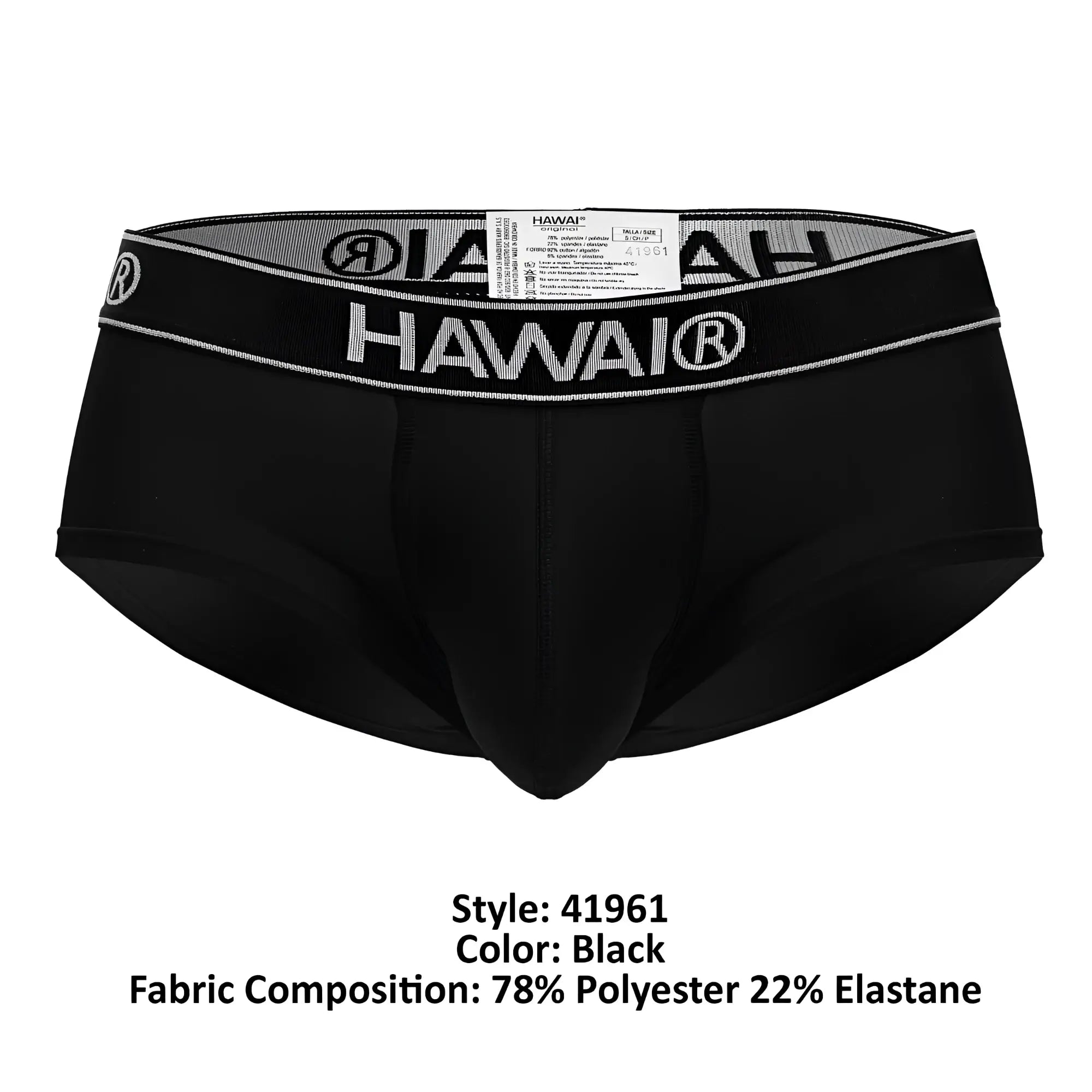 Black Hawai brand black microfiber briefs with a gray and white logo band for comfortable everyday wear