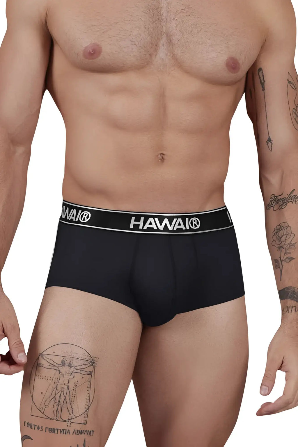 Black Hawai microfiber briefs in black with a contrasting white waistband featuring the Hawai logo