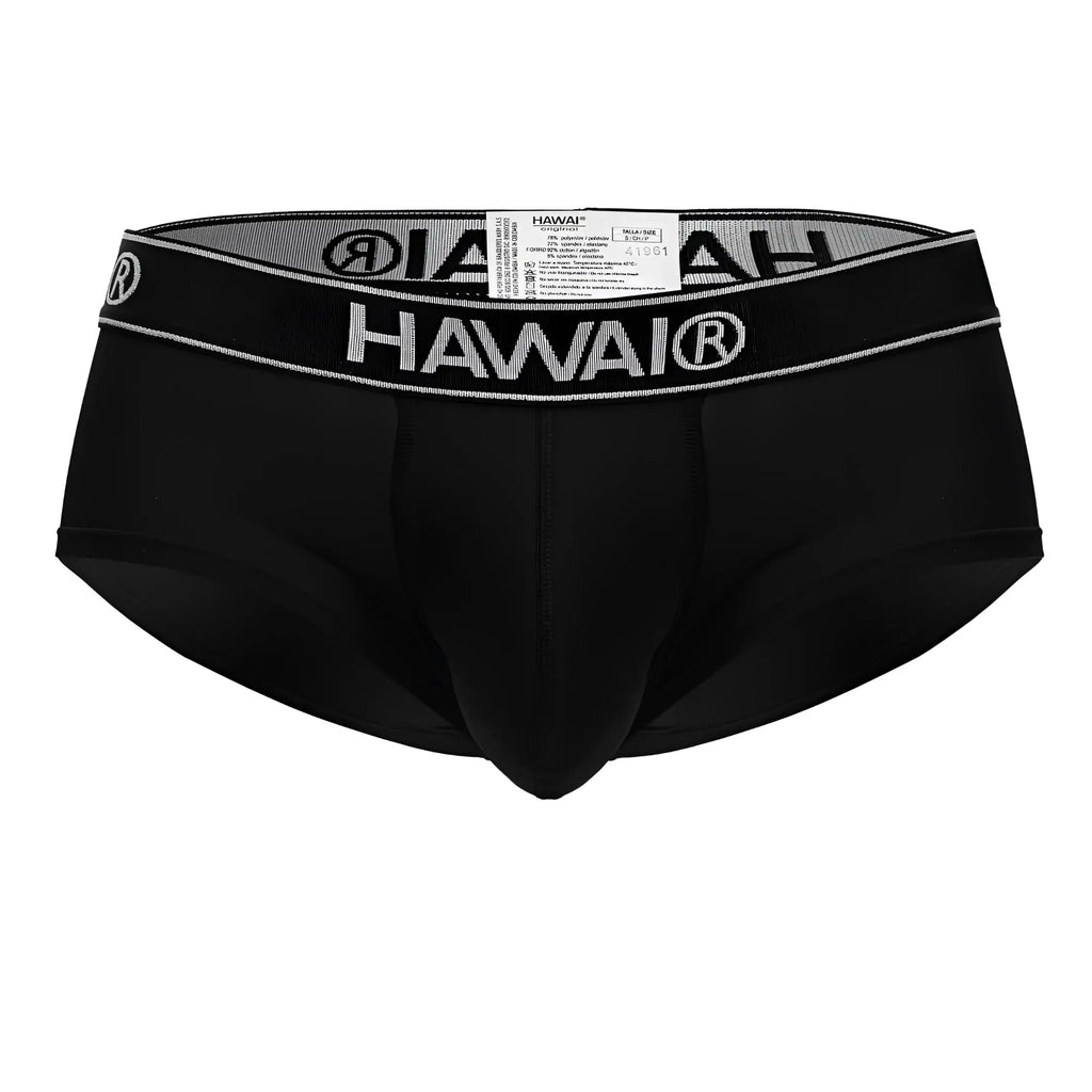 Black hawai men’s microfiber briefs with gray waistband and bold white hawai logo in black color model 41961