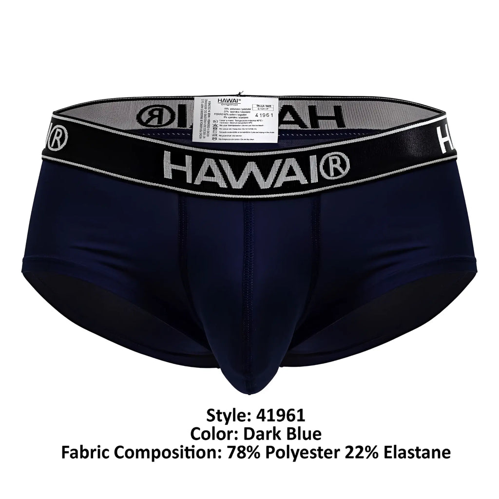 Dark blue hawaii 41961 microfiber men’s briefs with black elastic waistband and white logo lettering