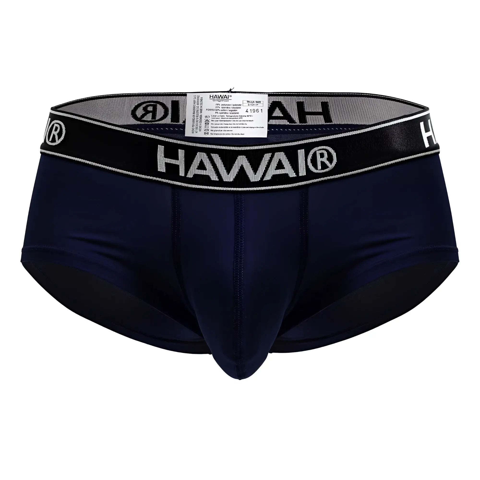 Navy blue Hawai men’s microfiber briefs with black elastic waistband featuring white lettering and trim